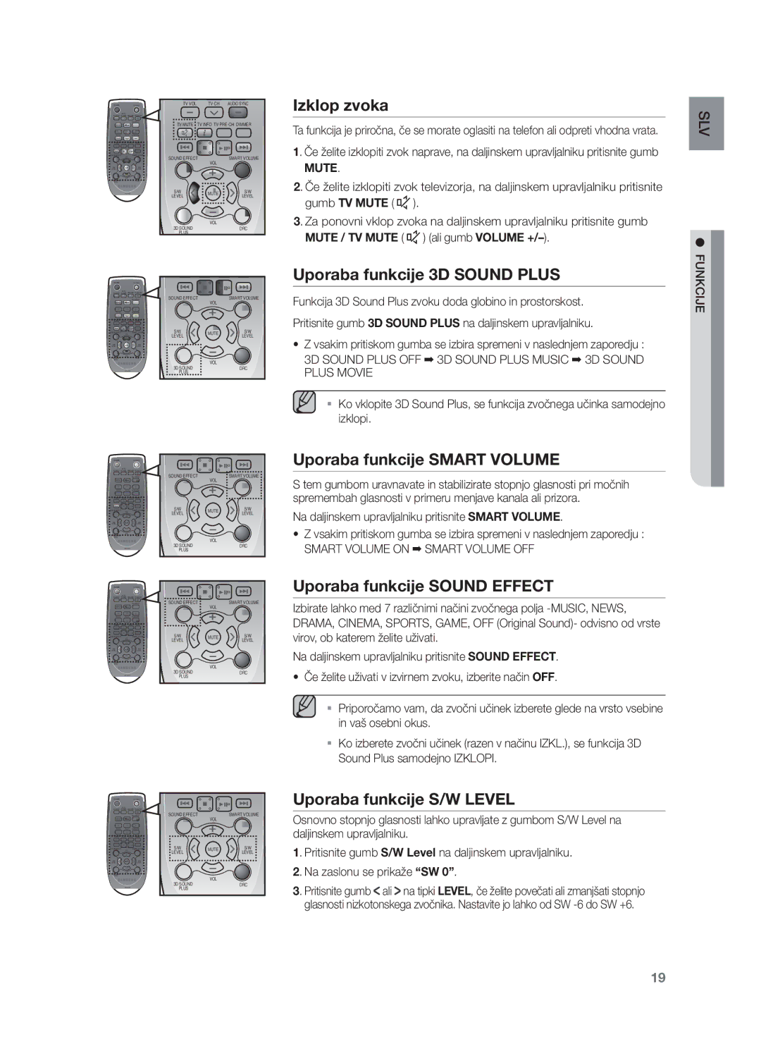 Samsung HW-F450/XE Izklop zvoka, Uporaba funkcije 3D Sound Plus, Uporaba funkcije Smart Volume, Uporaba funkcije S/W Level 