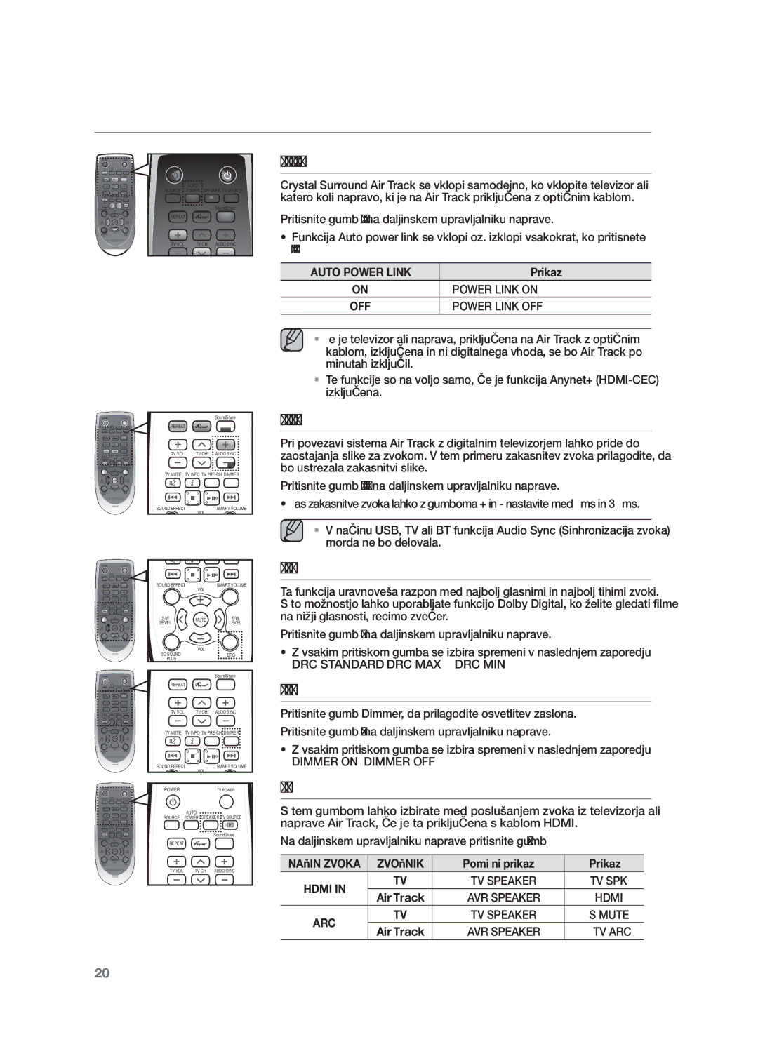 Samsung HW-F450/EN manual Uporaba funkcije Auto Power Link, Uporaba funkcije Audio Sync, Uporaba funkcije DRC, Gumb Speaker 