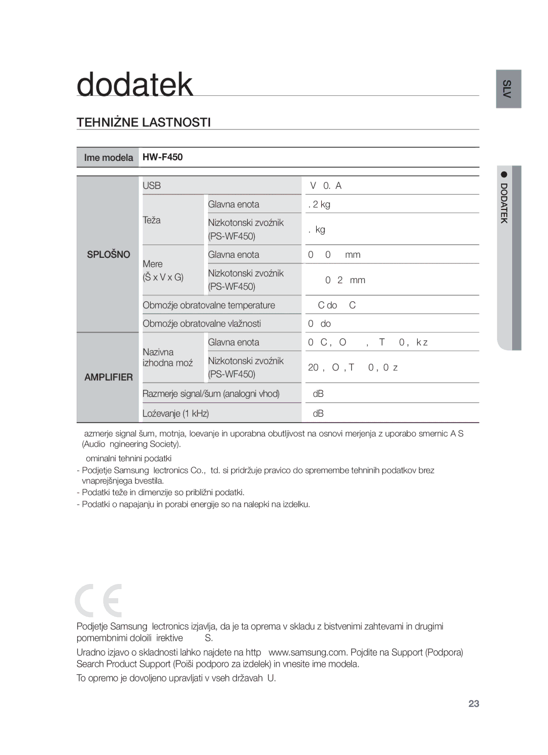 Samsung HW-F450/XE, HW-F450/EN manual Tehnične Lastnosti, Splošno Amplifier USB 