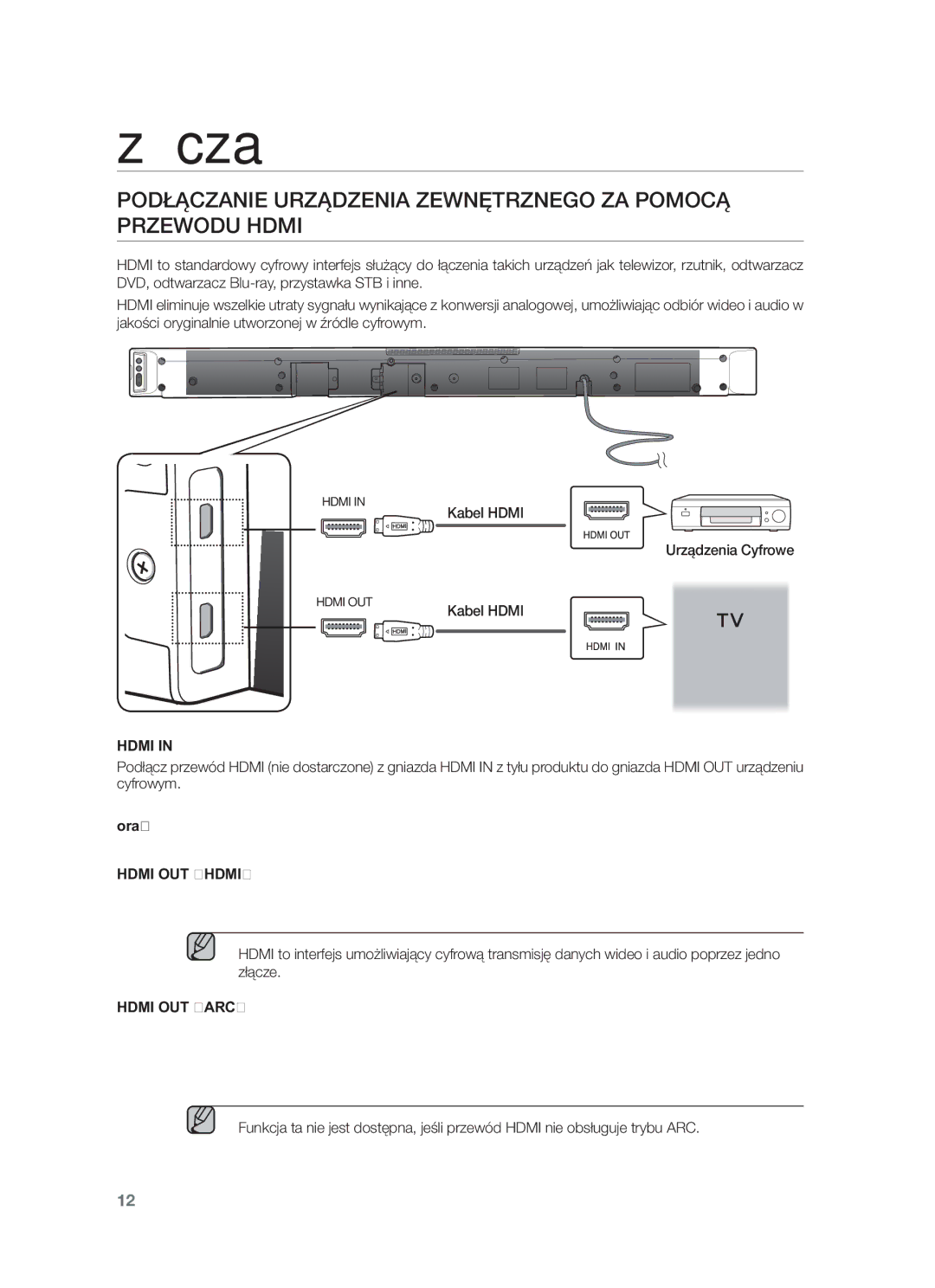 Samsung HW-F450/EN manual Podłączanie Urządzenia Zewnętrznego ZA Pomocą Przewodu Hdmi, Kabel Hdmi Urządzenia Cyfrowe, Oraz 