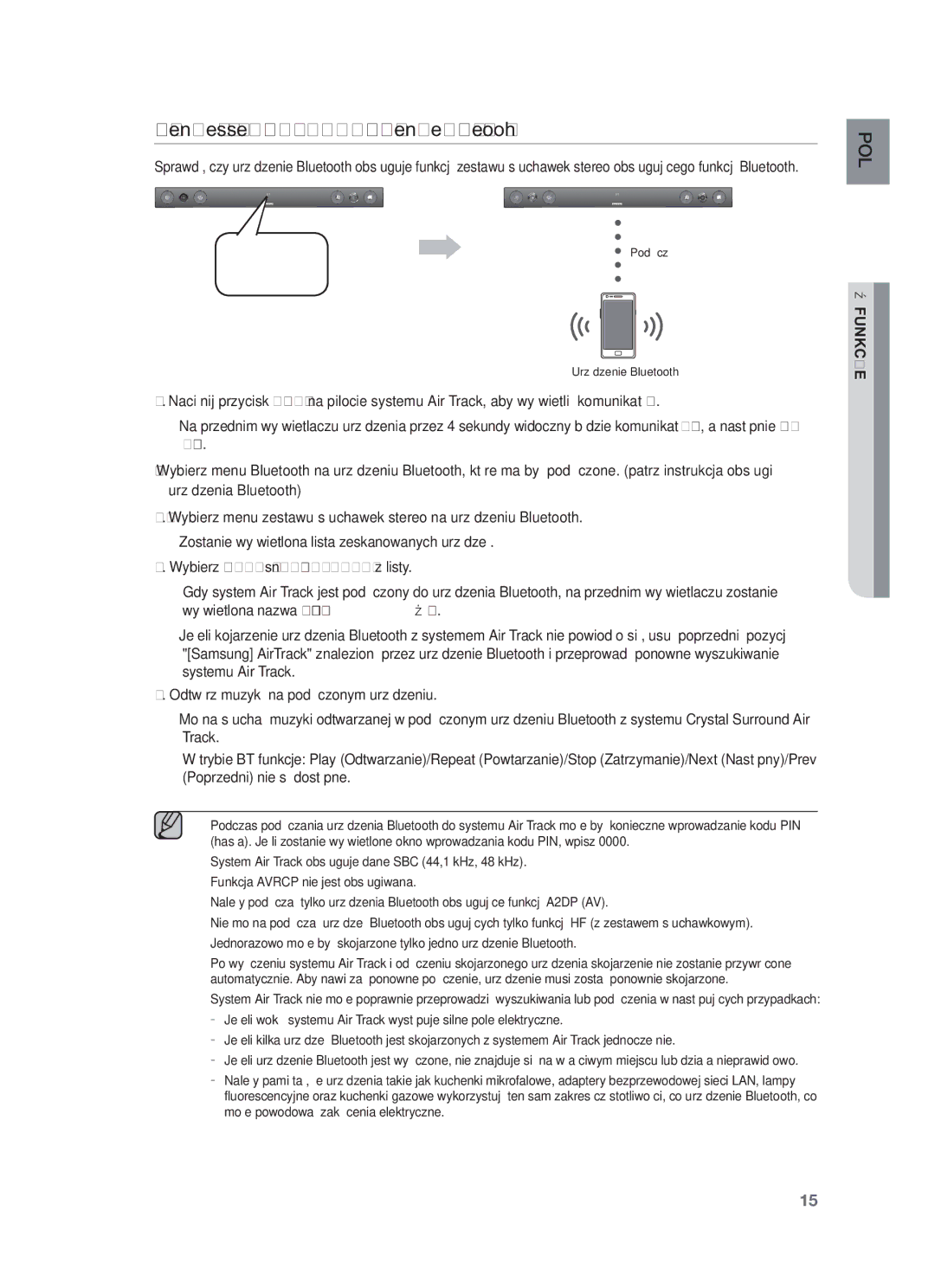 Samsung HW-F450/XE, HW-F450/EN manual Łączenie systemu Air Track z urządzeniem Bluetooth, Funkcje 