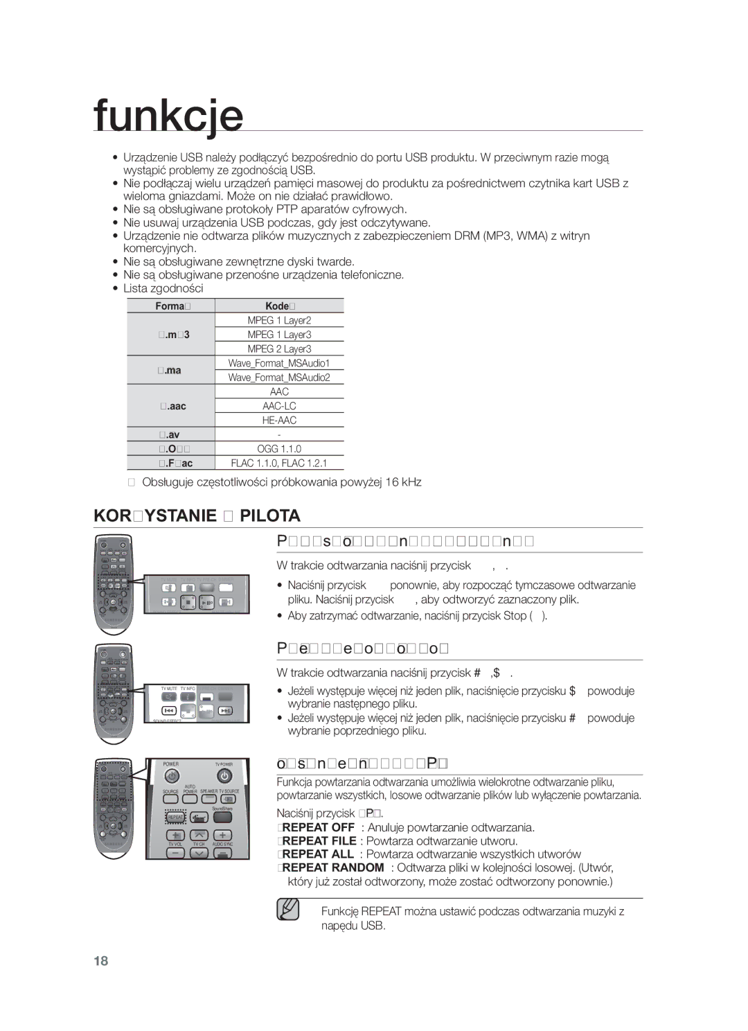 Samsung HW-F450/EN, HW-F450/XE Korzystanie Z Pilota, Przycisk odtwarzania/pauzy/zatrzymania, Przejście do przodu/do tyłu 