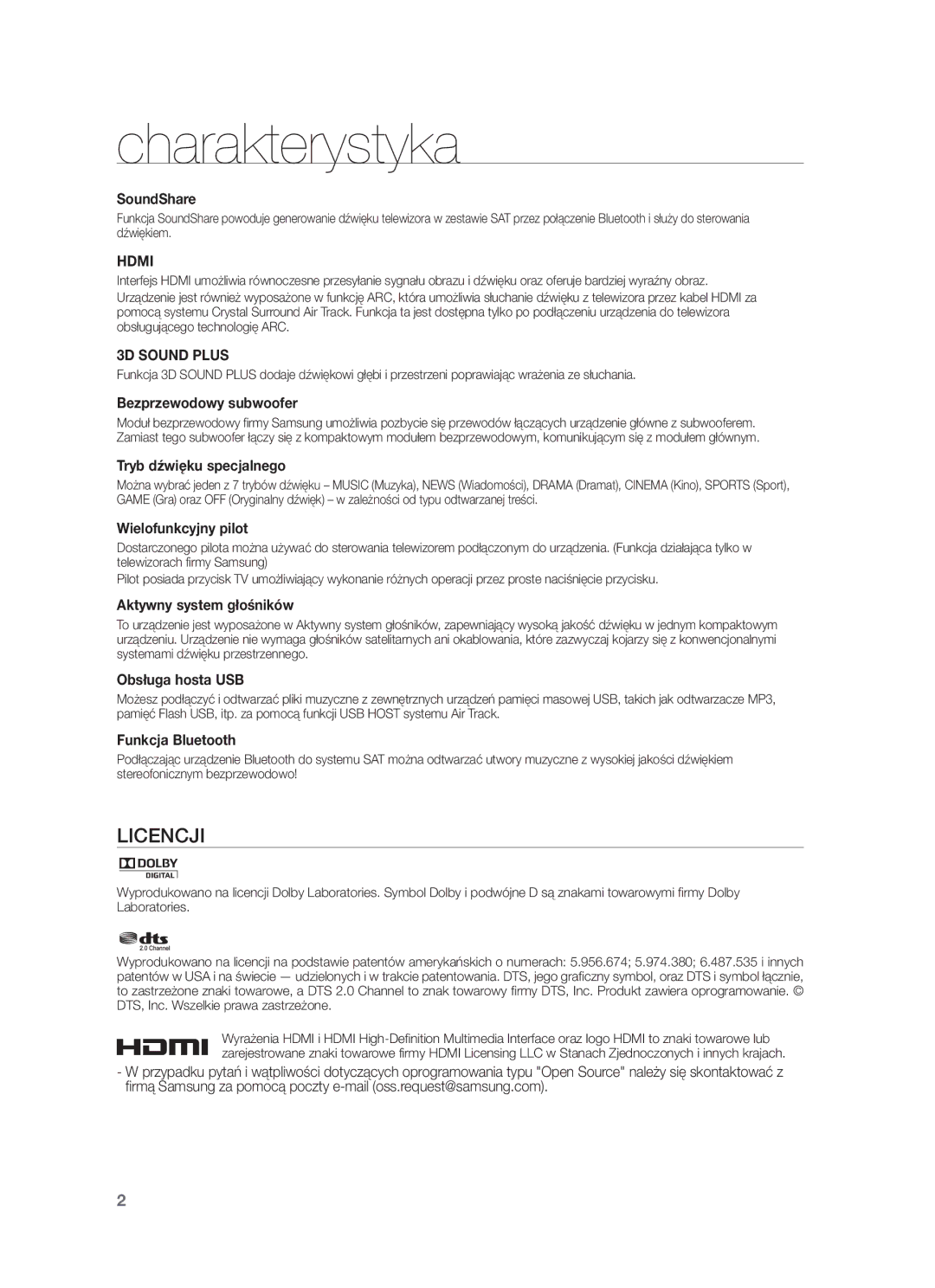 Samsung HW-F450/EN, HW-F450/XE manual Charakterystyka 