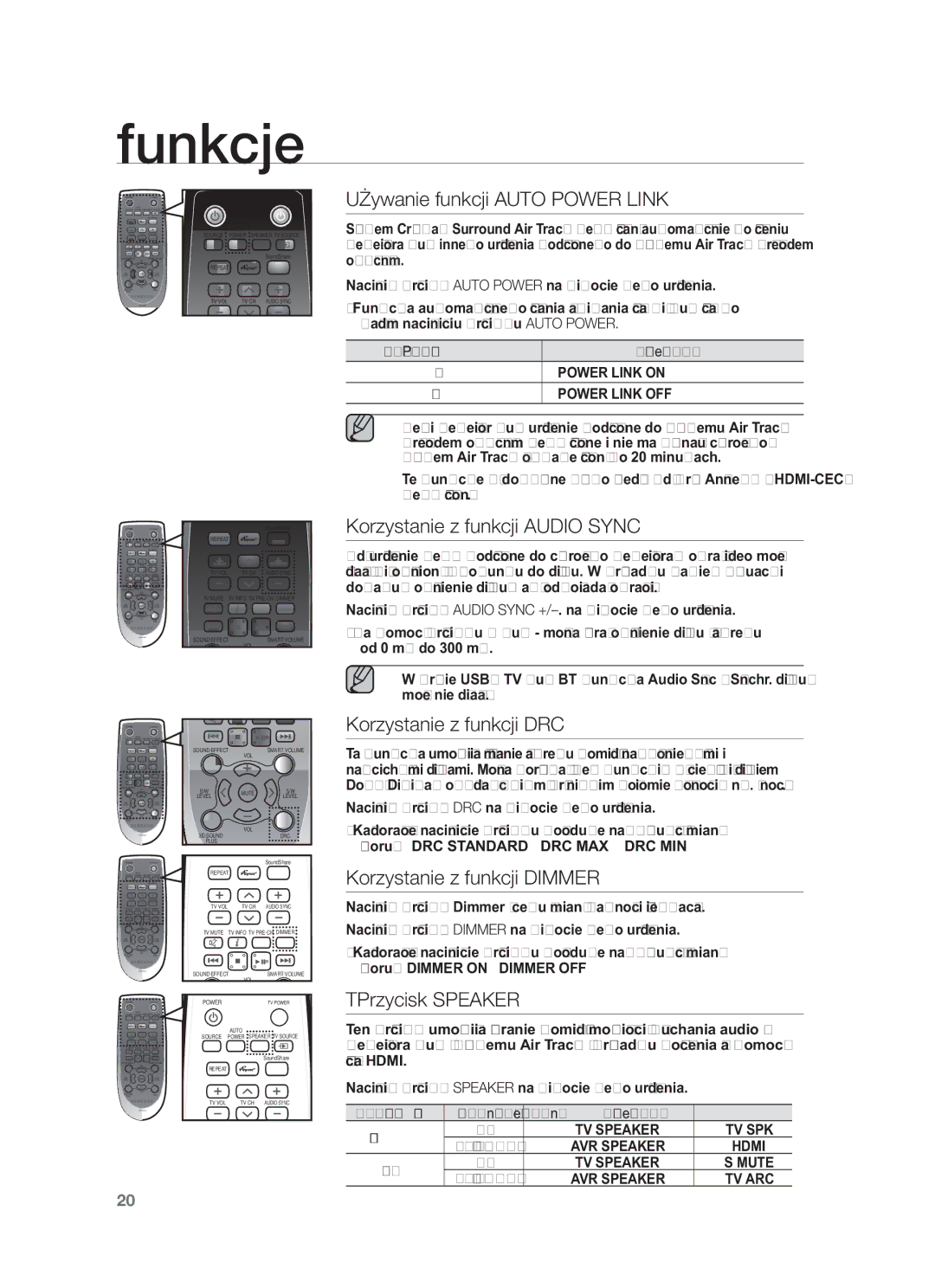 Samsung HW-F450/EN manual Używanie funkcji Auto Power Link, Korzystanie z funkcji Audio Sync, Korzystanie z funkcji DRC 