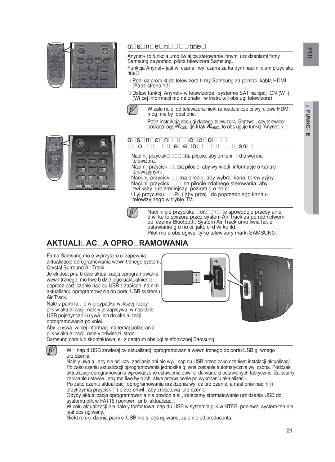 Samsung HW-F450/XE, HW-F450/EN manual Aktualizacja Oprogramowania, Korzystanie z funkcji Anynet+ HDMI-CEC, Air Track 