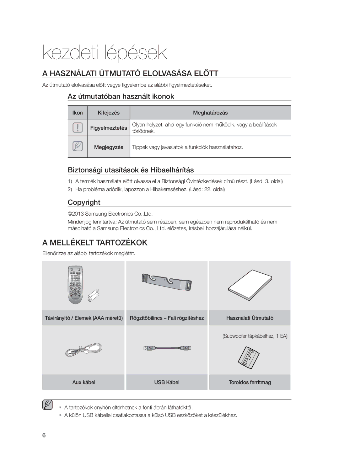 Samsung HW-F450/EN, HW-F450/XE manual Kezdeti lépések, Használati Útmutató Elolvasása Előtt, Mellékelt Tartozékok 