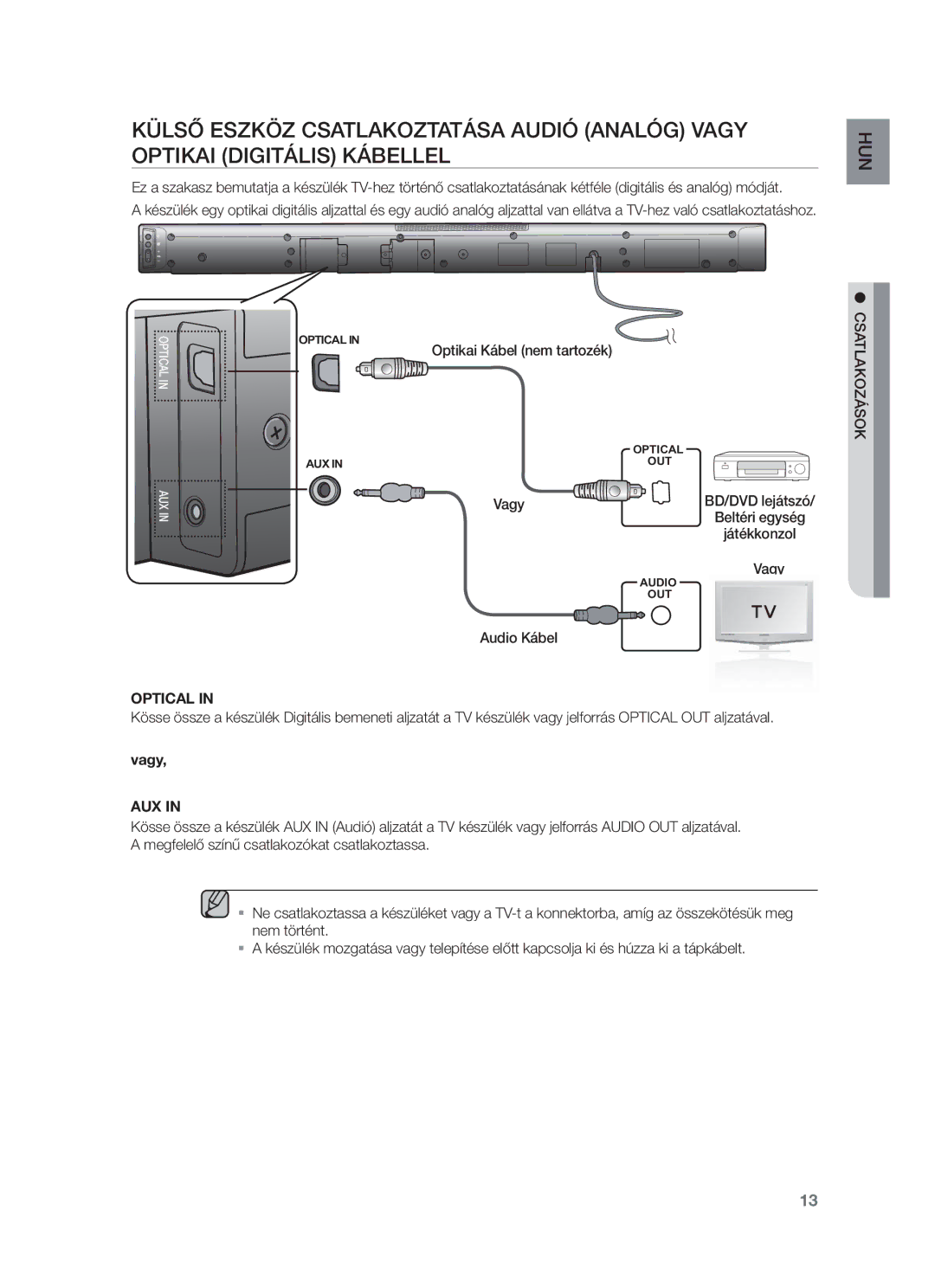 Samsung HW-F450/XE, HW-F450/EN manual Optikai Kábel nem tartozék, Vagy, Audio Kábel, Aux 