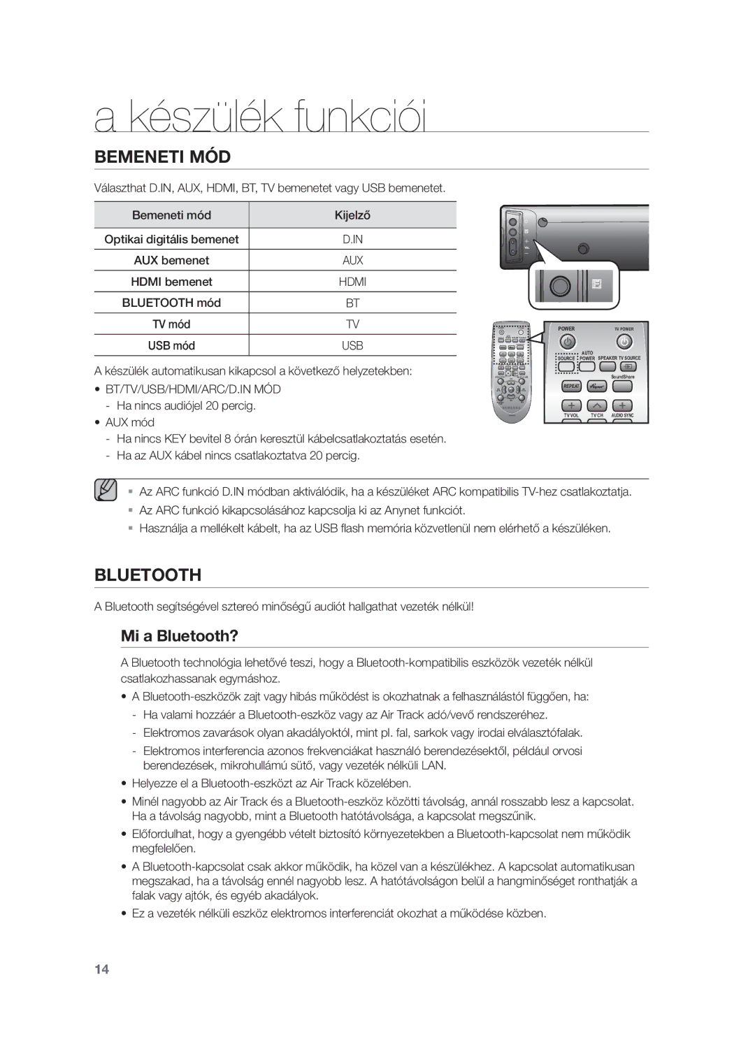 Samsung HW-F450/EN, HW-F450/XE manual Készülék funkciói, Bemeneti MÓD, Mi a Bluetooth?, Bt/Tv/Usb/Hdmi/Arc/D.In Mód 