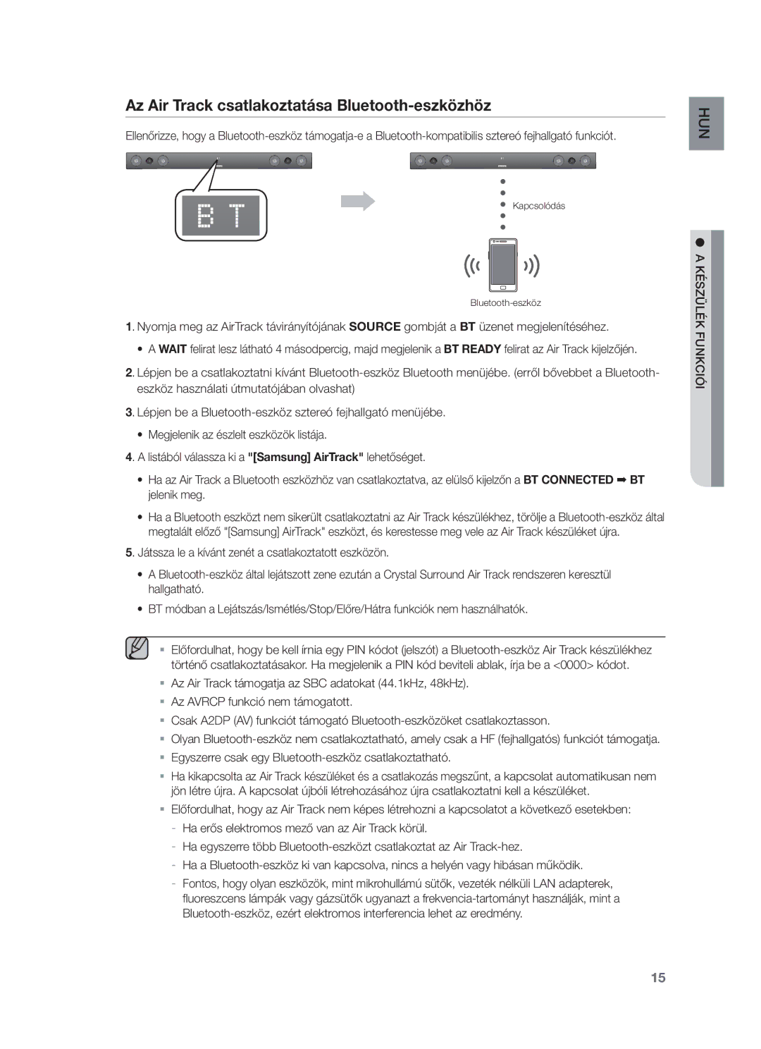 Samsung HW-F450/XE Az Air Track csatlakoztatása Bluetooth-eszközhöz, Egyszerre csak egy Bluetooth-eszköz csatlakoztatható 