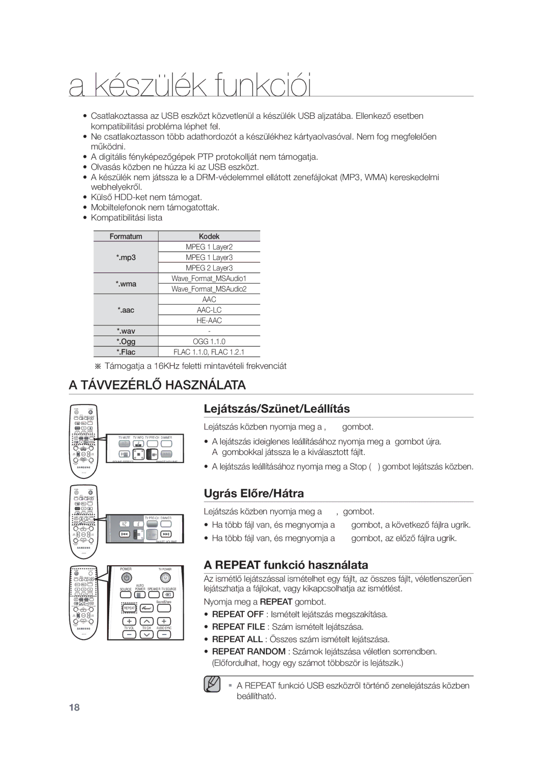 Samsung HW-F450/EN manual Távvezérlő Használata, Lejátszás/Szünet/Leállítás, Ugrás Előre/Hátra, Repeat funkció használata 