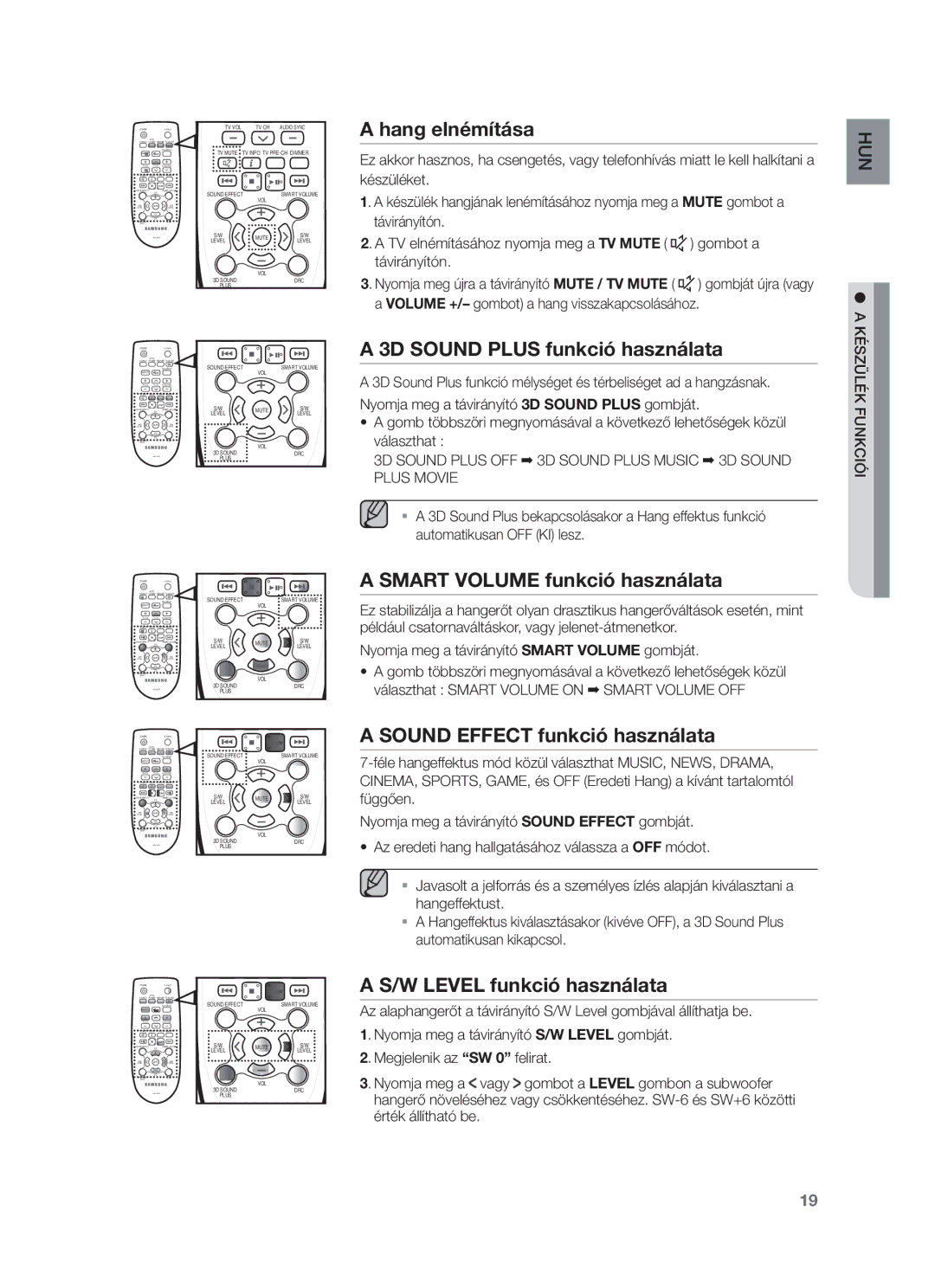 Samsung HW-F450/XE, HW-F450/EN manual Hang elnémítása, 3D Sound Plus funkció használata, Smart Volume funkció használata 