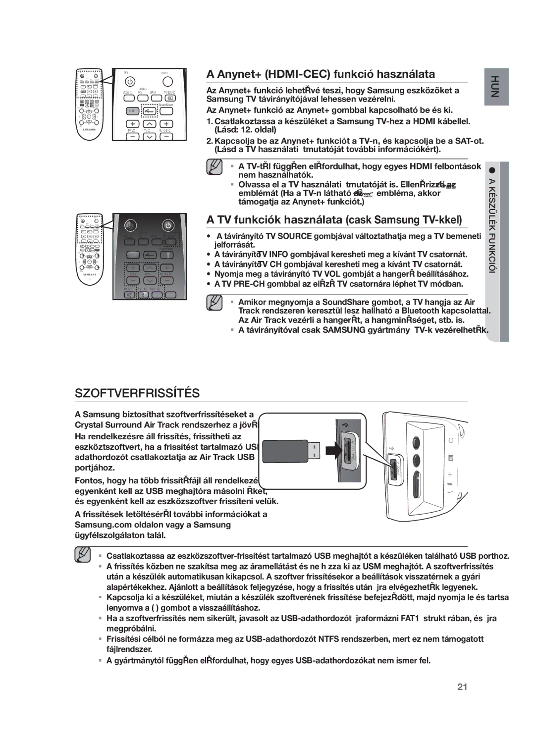 Samsung HW-F450/XE Szoftverfrissítés, Anynet+ HDMI-CEC funkció használata, TV funkciók használata cask Samsung TV-kkel 