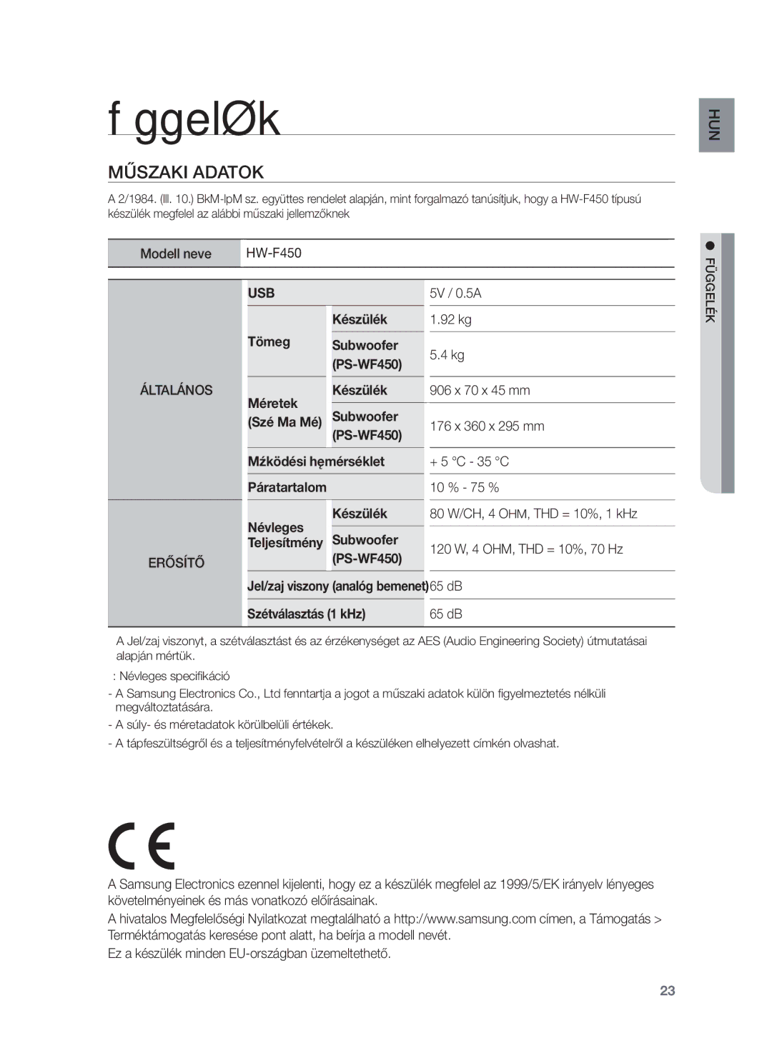 Samsung HW-F450/XE, HW-F450/EN manual Függelék, Műszaki Adatok 