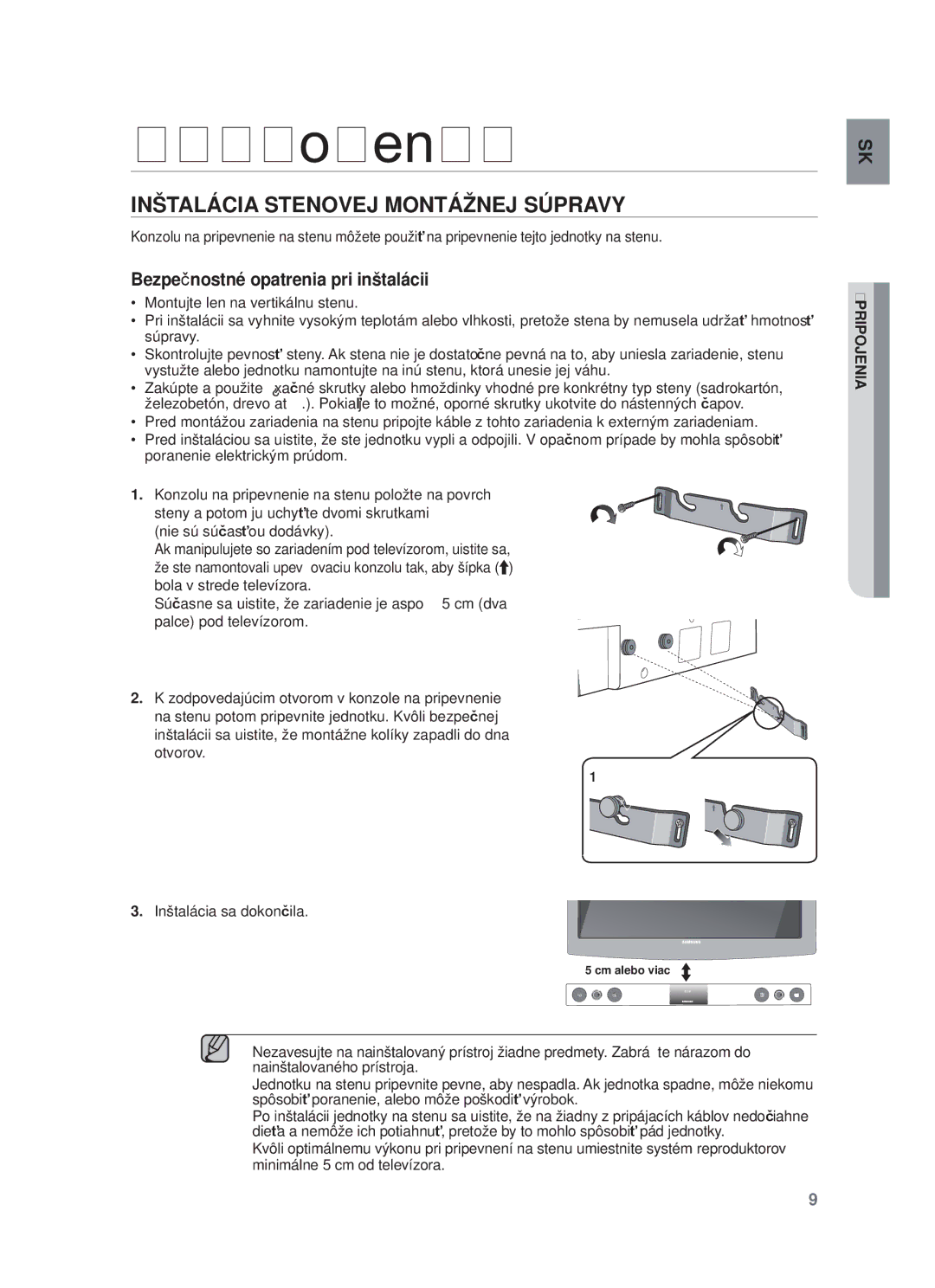 Samsung HW-F450/XE, HW-F450/EN manual Pripojenia, Inštalácia Stenovej Montážnej Súpravy 