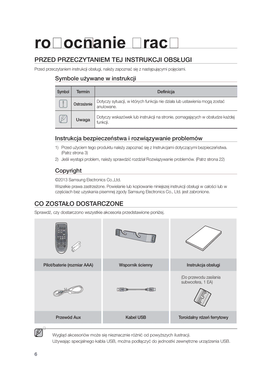 Samsung HW-F450/EN, HW-F450/XE Rozpoczynanie pracy, Przed Przeczytaniem TEJ Instrukcji Obsługi, CO Zostało Dostarczone 