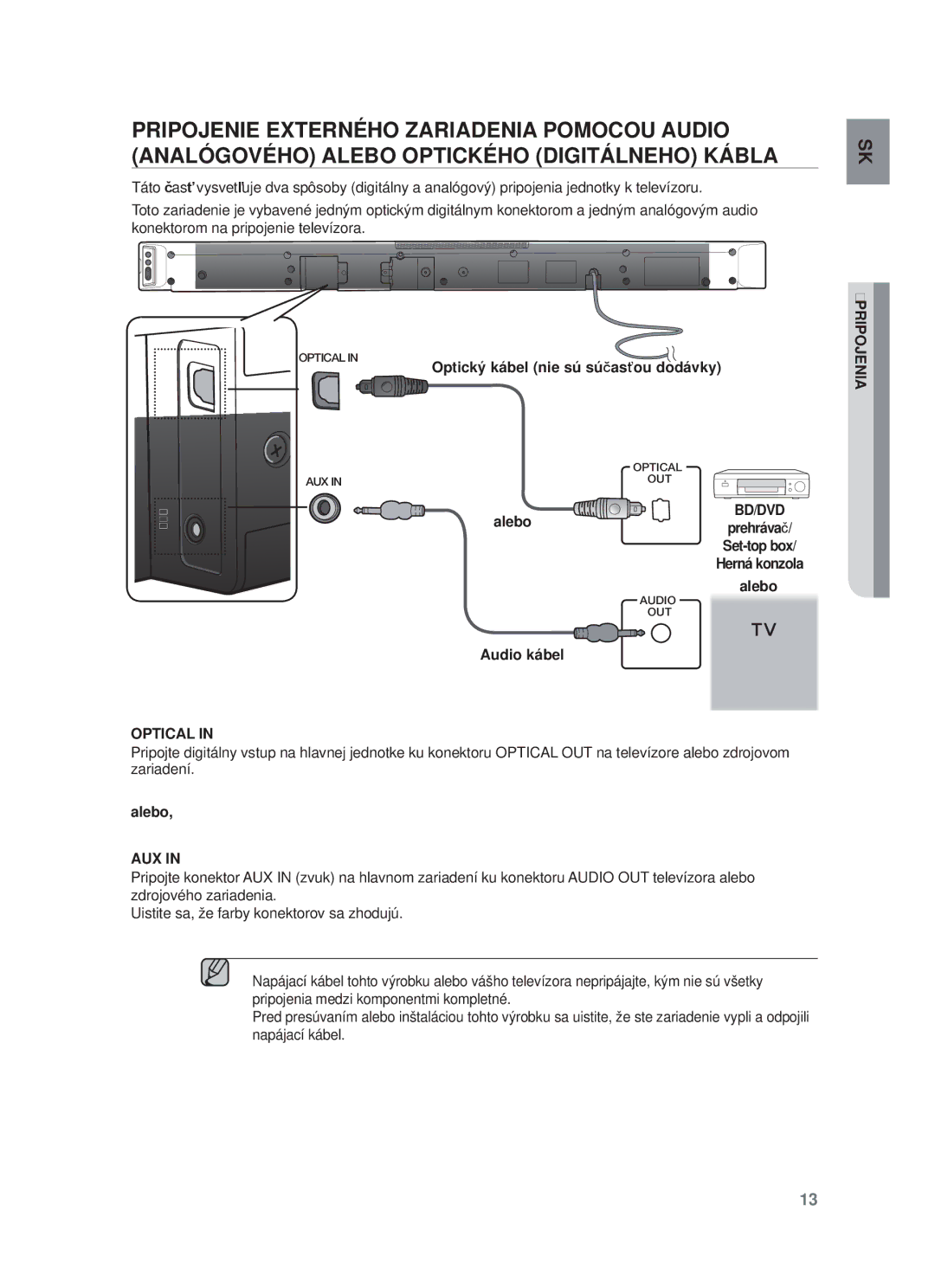 Samsung HW-F450/XE, HW-F450/EN manual Optický kábel nie sú súčasťou dodávky, Alebo 