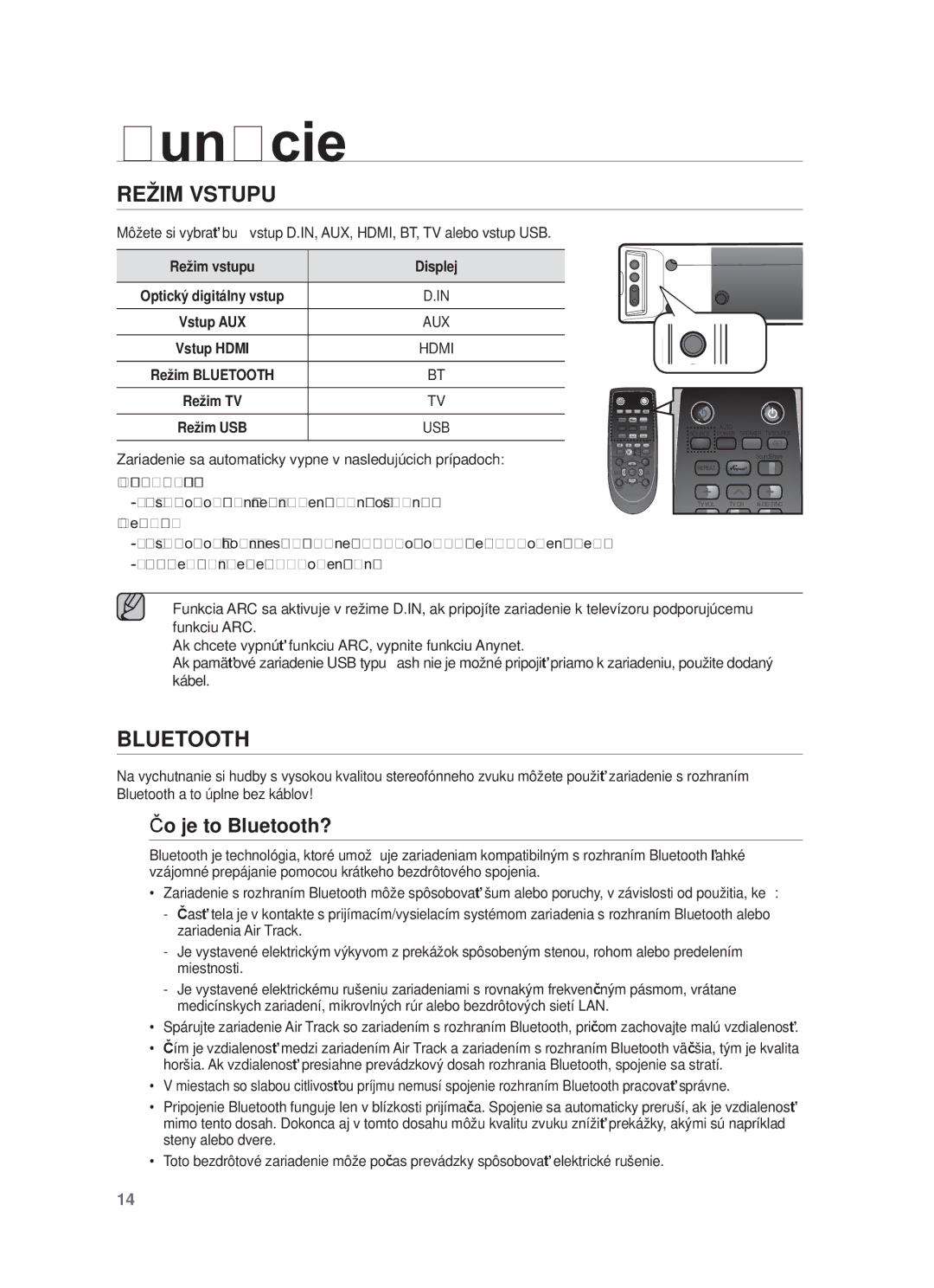 Samsung HW-F450/EN, HW-F450/XE manual Funkcie, Režim Vstupu, Čo je to Bluetooth?, Režim BT/TV/USB/HDMI/ARC/D.IN 