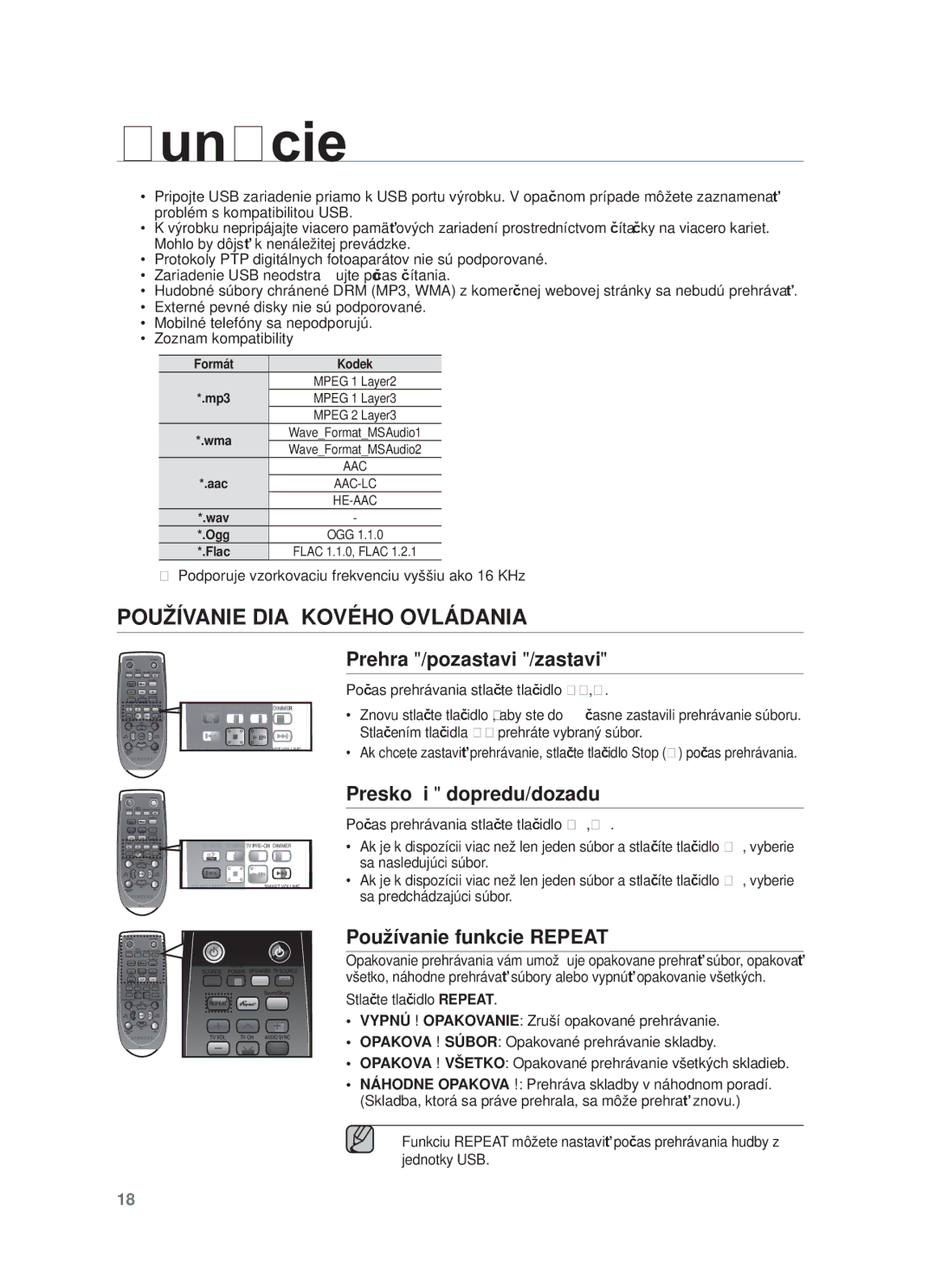 Samsung HW-F450/EN, HW-F450/XE manual Používanie Diaľkového Ovládania, Prehrať/pozastaviť/zastaviť, Preskočiť dopredu/dozadu 