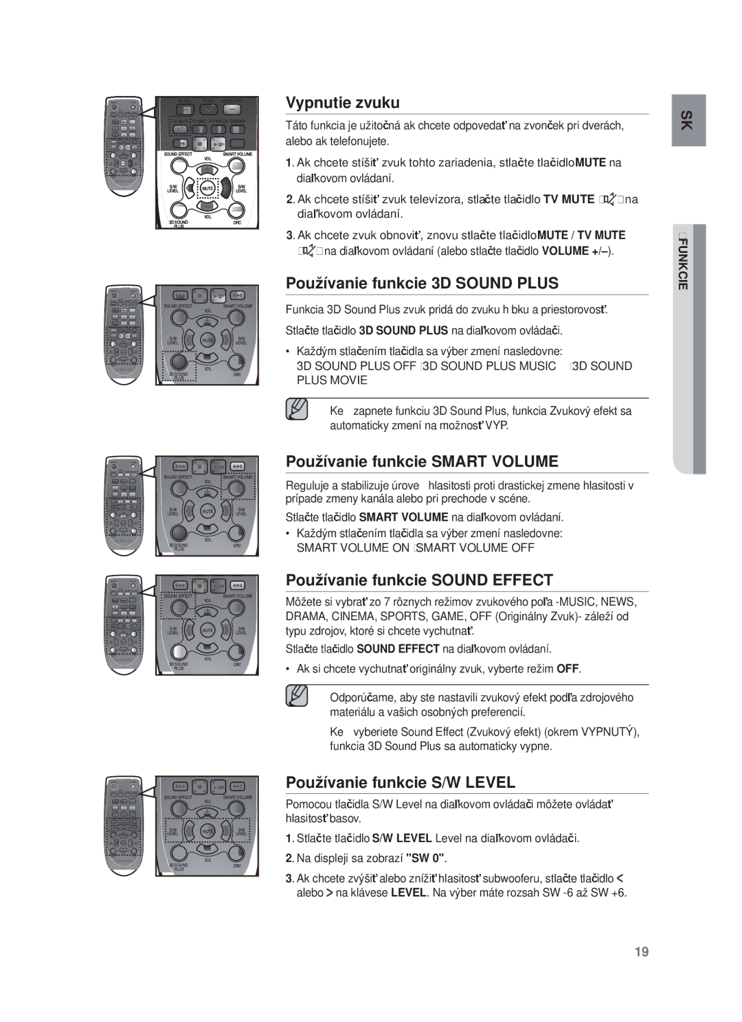 Samsung HW-F450/XE, HW-F450/EN manual Vypnutie zvuku, Používanie funkcie 3D Sound Plus, Používanie funkcie Smart Volume 