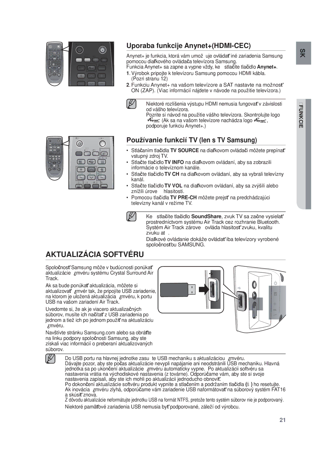 Samsung HW-F450/XE manual Aktualizácia Softvéru, Uporaba funkcije Anynet+HDMI-CEC, Používanie funkcií TV len s TV Samsung 