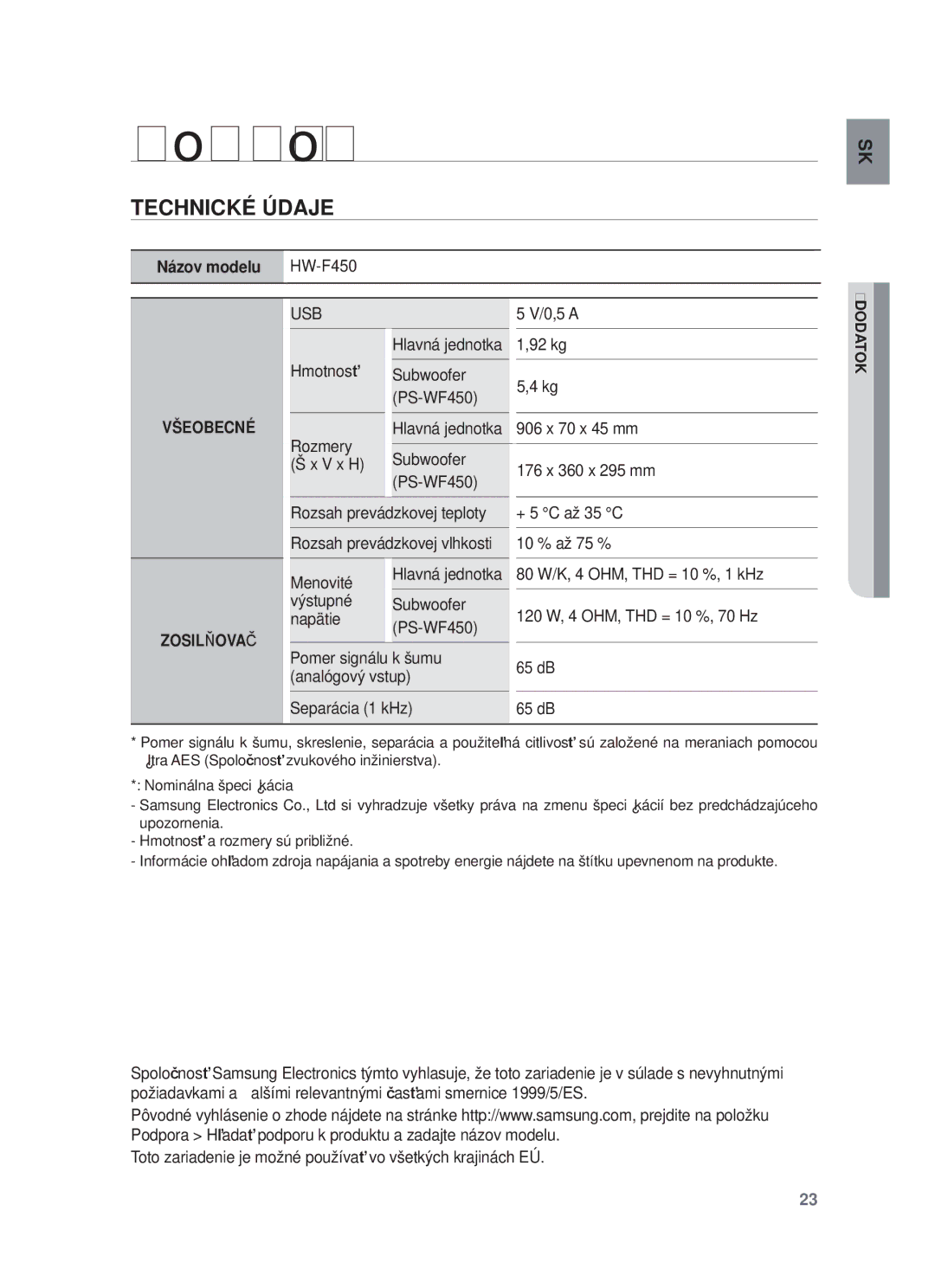 Samsung HW-F450/XE, HW-F450/EN manual Dodatok, Technické Údaje 