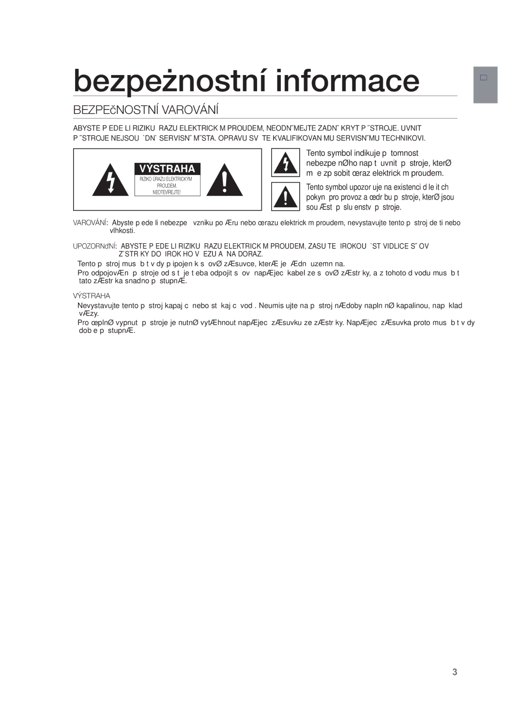 Samsung HW-F450/XE, HW-F450/EN manual Bezpečnostní informace, Bezpečnostní Varování, Tento symbol indikuje přítomnost 