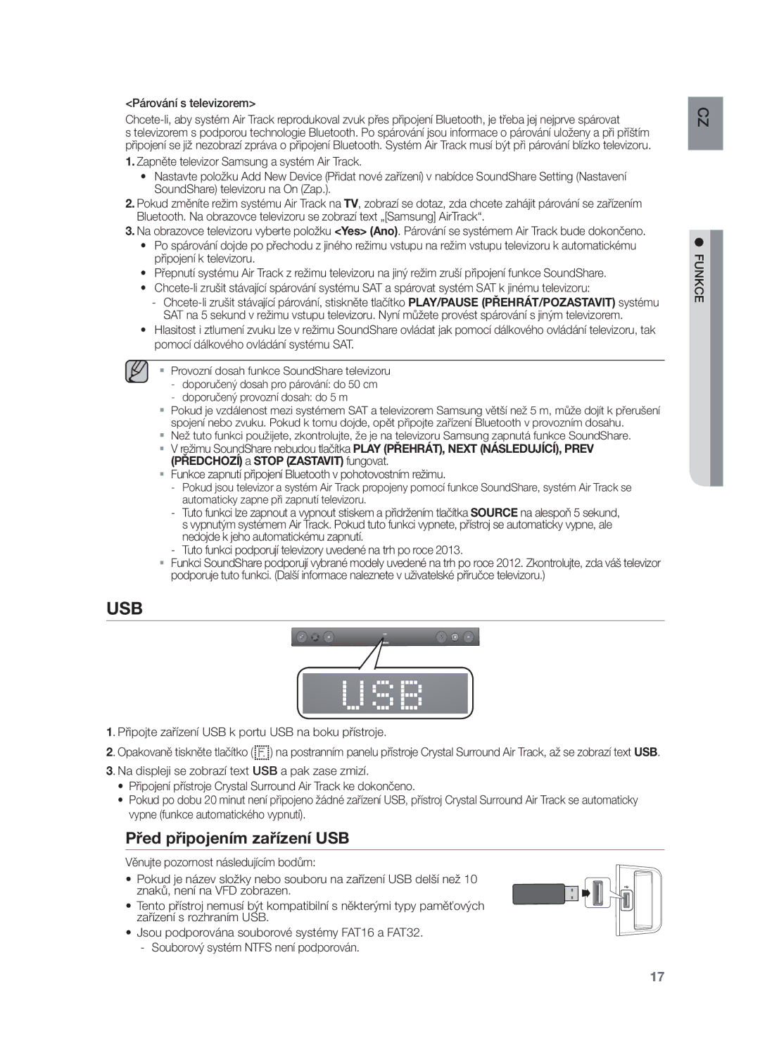 Samsung HW-F450/XE, HW-F450/EN manual Před připojením zařízení USB, Párování s televizorem 