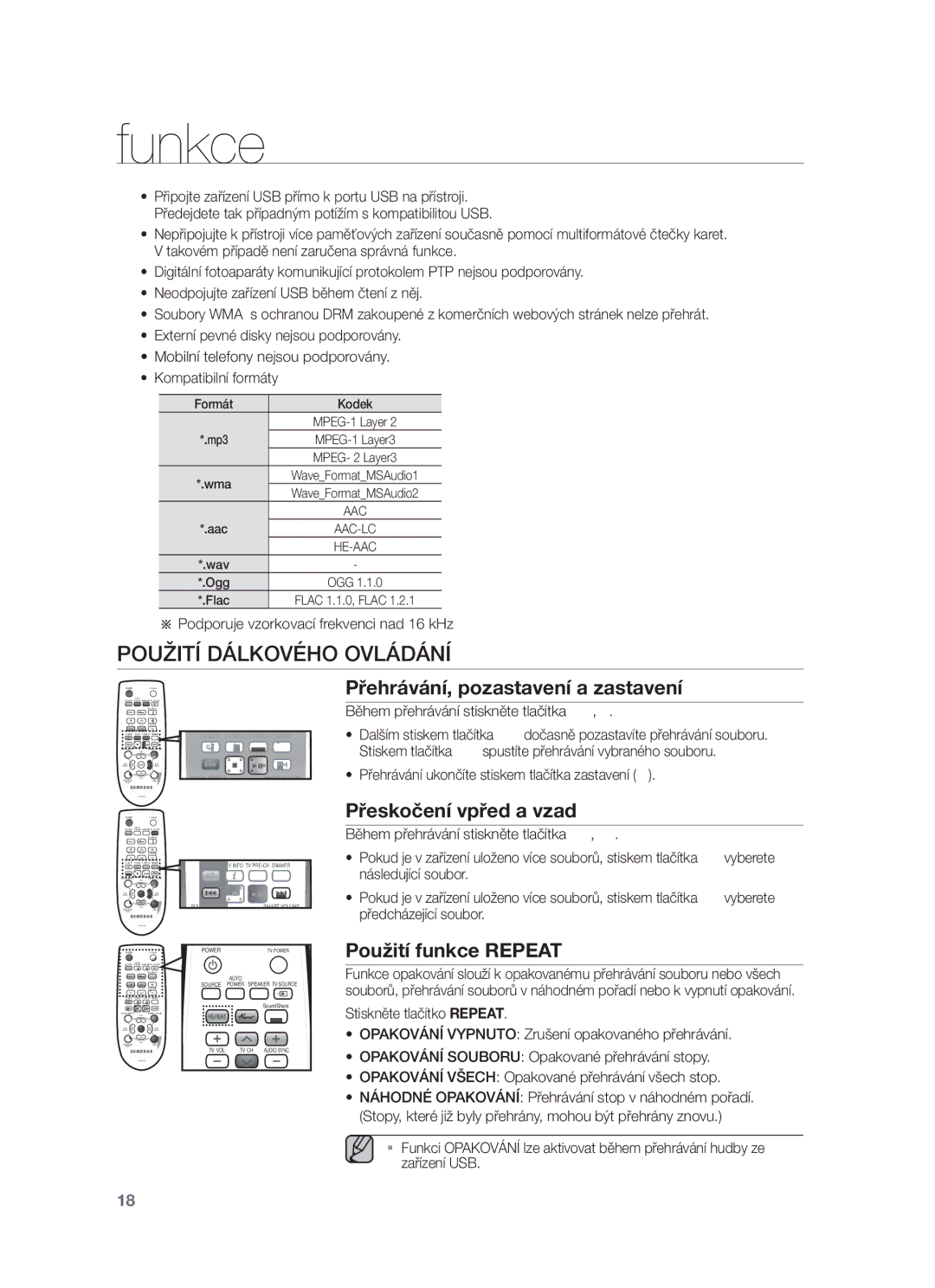 Samsung HW-F450/EN, HW-F450/XE Použití Dálkového Ovládání, Přehrávání, pozastavení a zastavení, Přeskočení vpřed a vzad 