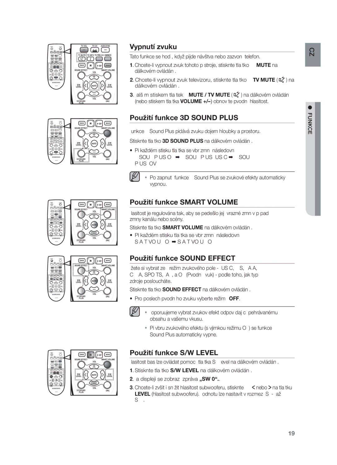 Samsung HW-F450/XE Vypnutí zvuku, Použití funkce 3D Sound Plus, Použití funkce Smart Volume, Použití funkce Sound Effect 