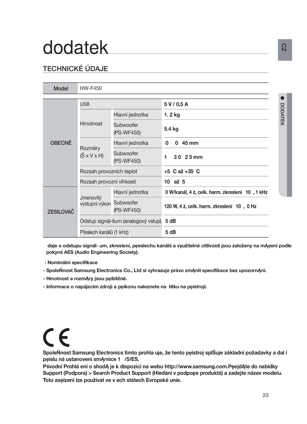 Samsung HW-F450/XE, HW-F450/EN manual Technické Údaje, Dodatek 