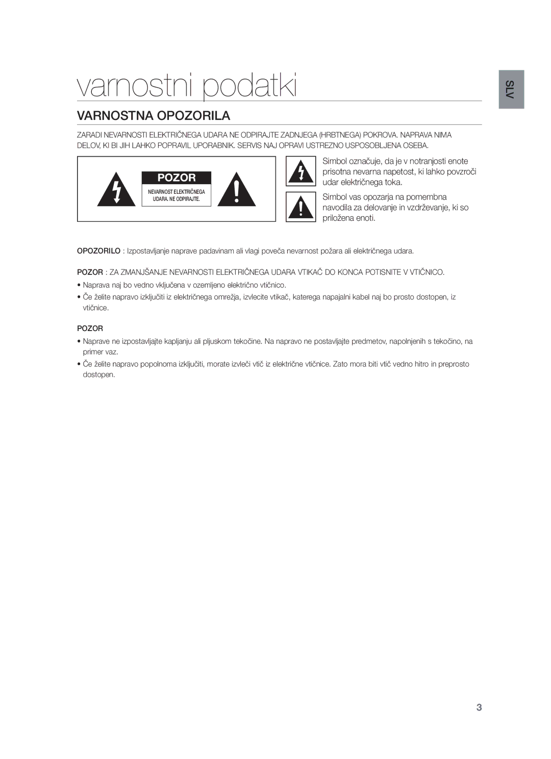 Samsung HW-F450/XE manual Varnostni podatki, Varnostna Opozorila, Udar električnega toka, Simbol vas opozarja na pomembna 