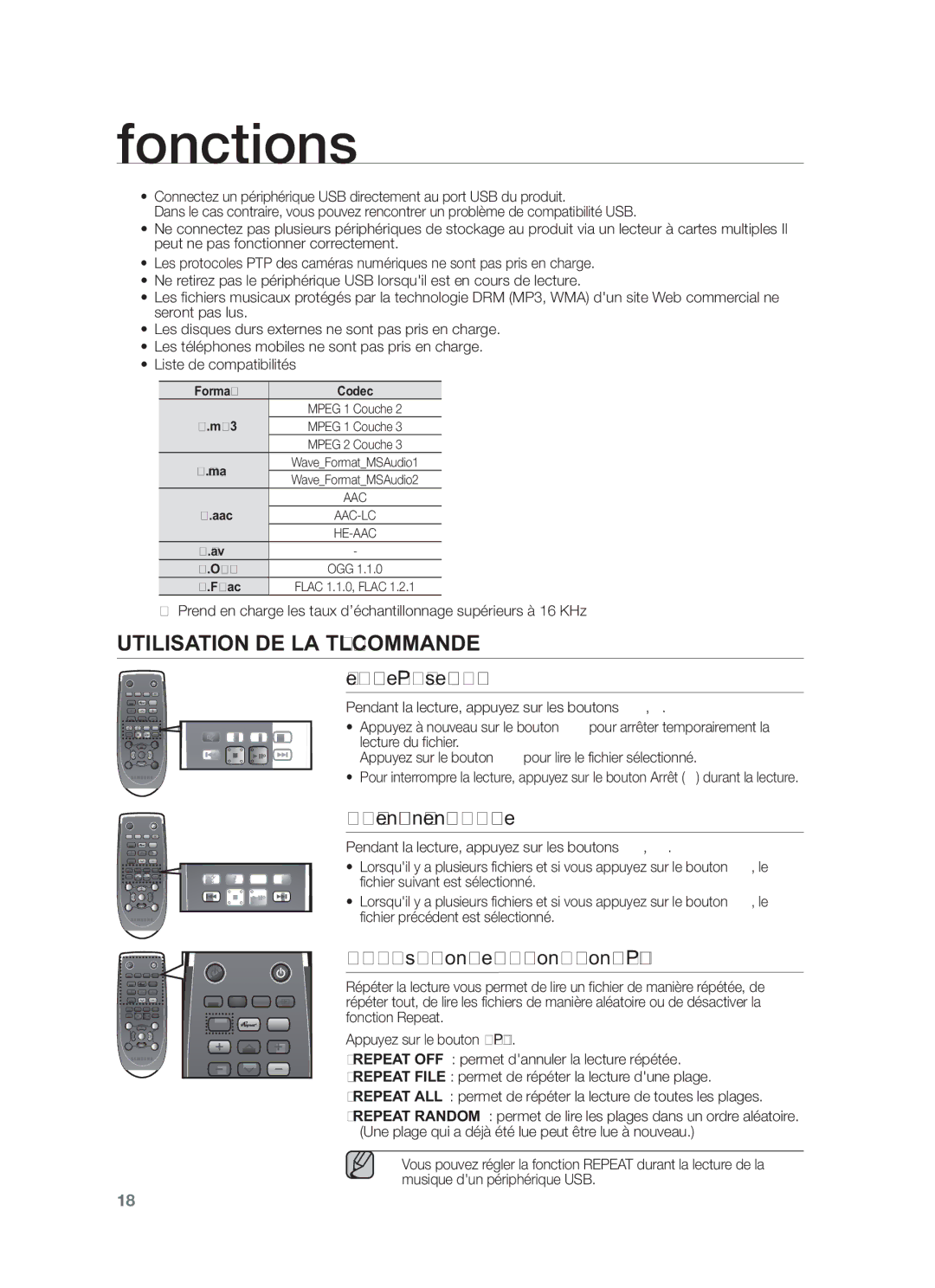 Samsung HW-F450/EN, HW-F450/ZF Utilisation DE LA Télécommande, Lecture/Pause/Arrêt, Saut en Avant/en Arrière, Format Codec 