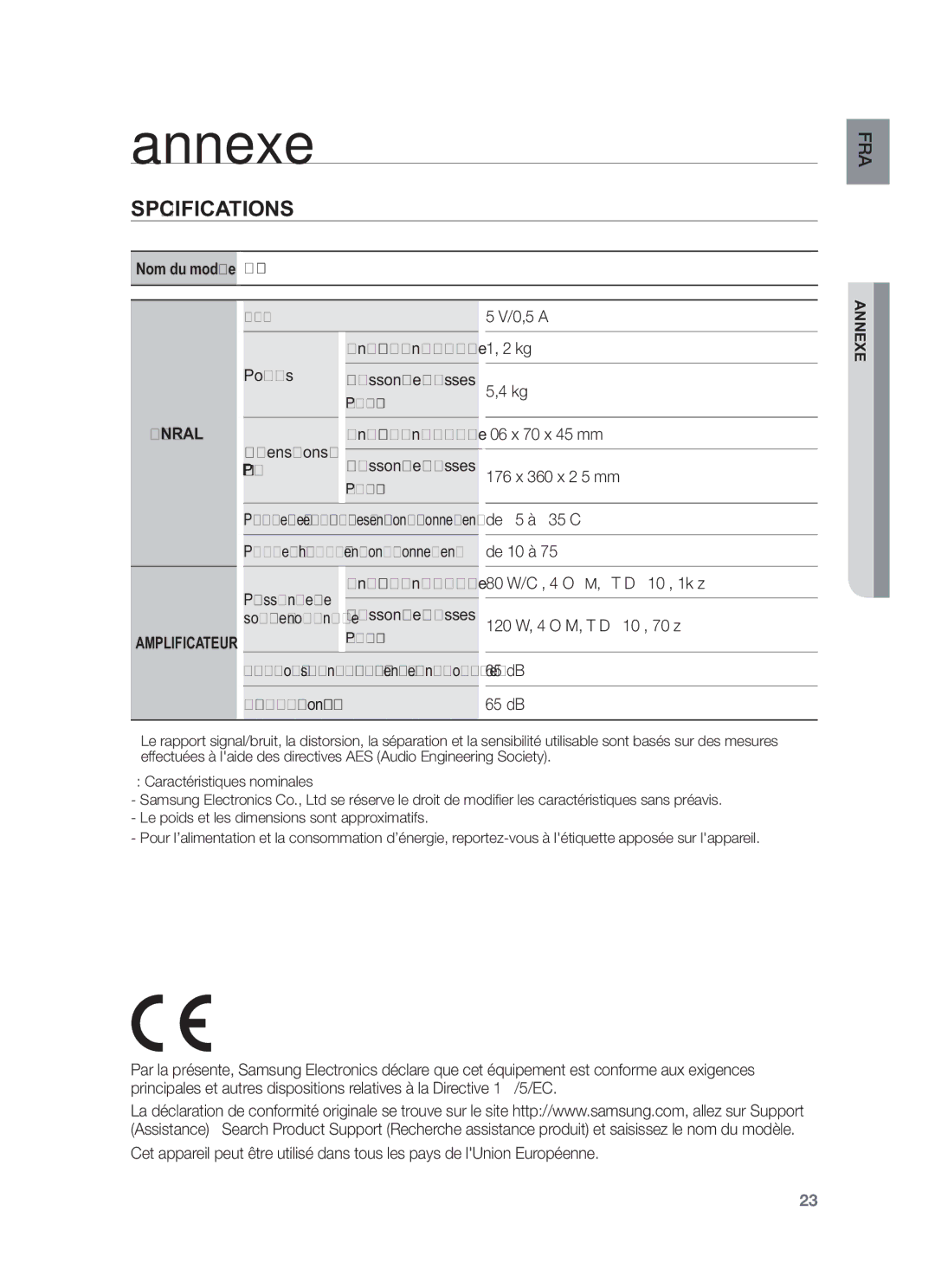 Samsung HW-F450/ZF, HW-F450/EN manual Annexe, Spécifications, Caisson de basses PS-WF450 