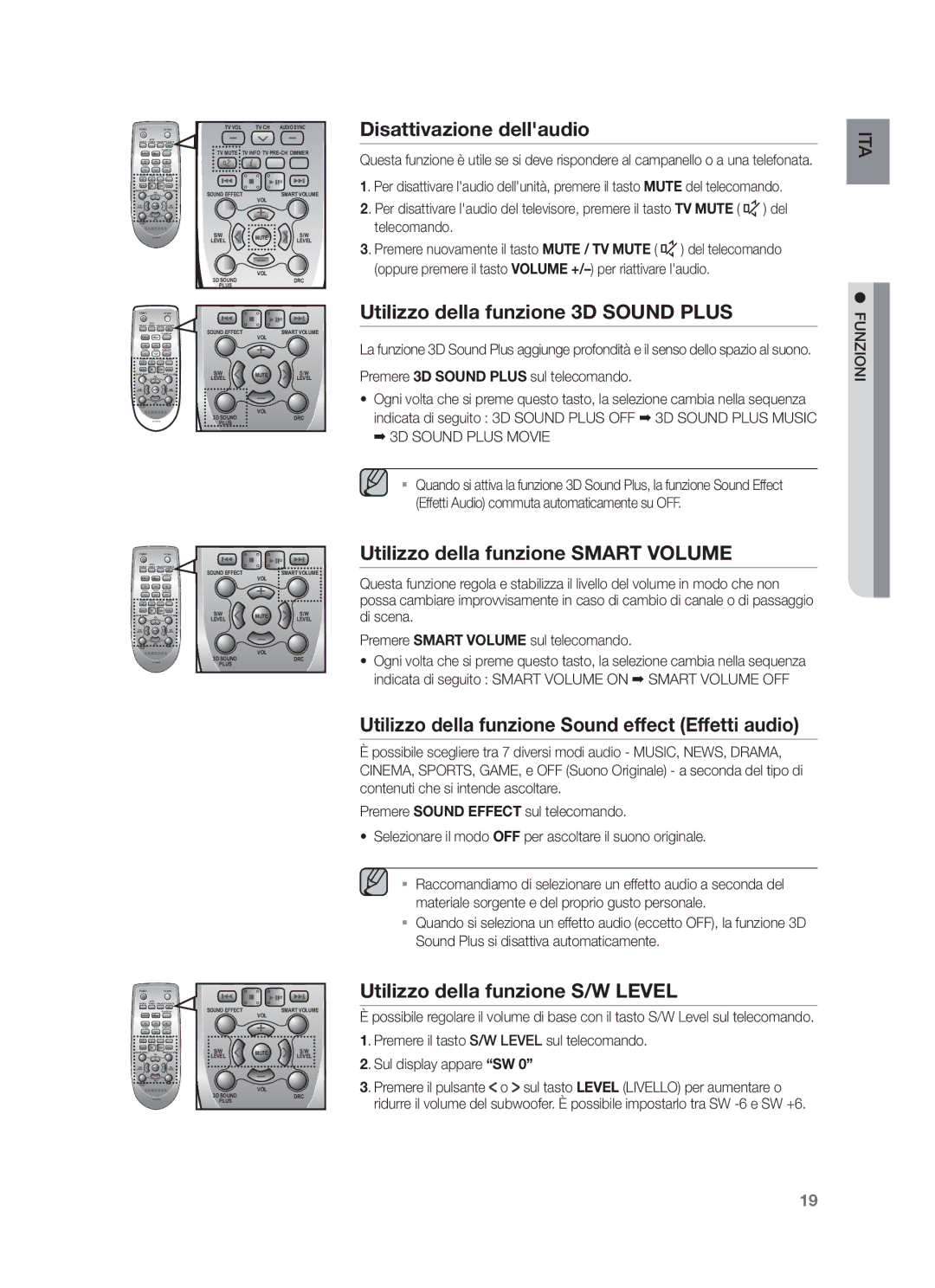 Samsung HW-F450/ZF Disattivazione dellaudio, Utilizzo della funzione 3D Sound Plus, Utilizzo della funzione Smart Volume 