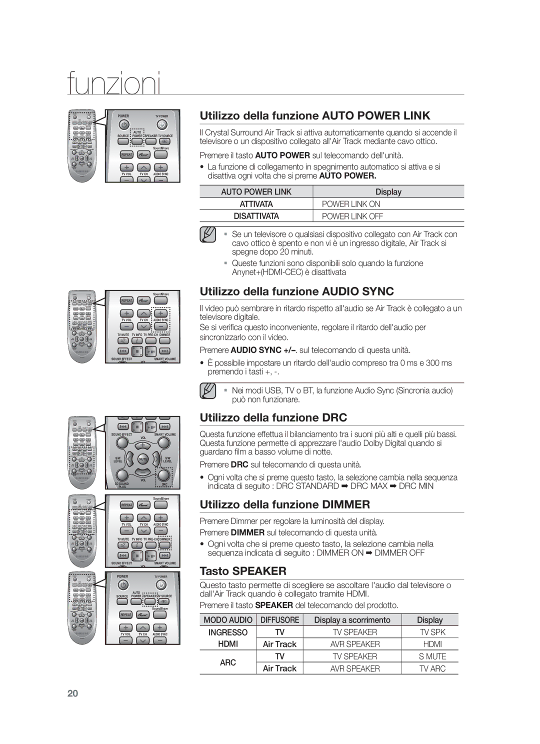 Samsung HW-F450/EN, HW-F450/ZF Utilizzo della funzione Auto Power Link, Utilizzo della funzione Audio Sync, Tasto Speaker 