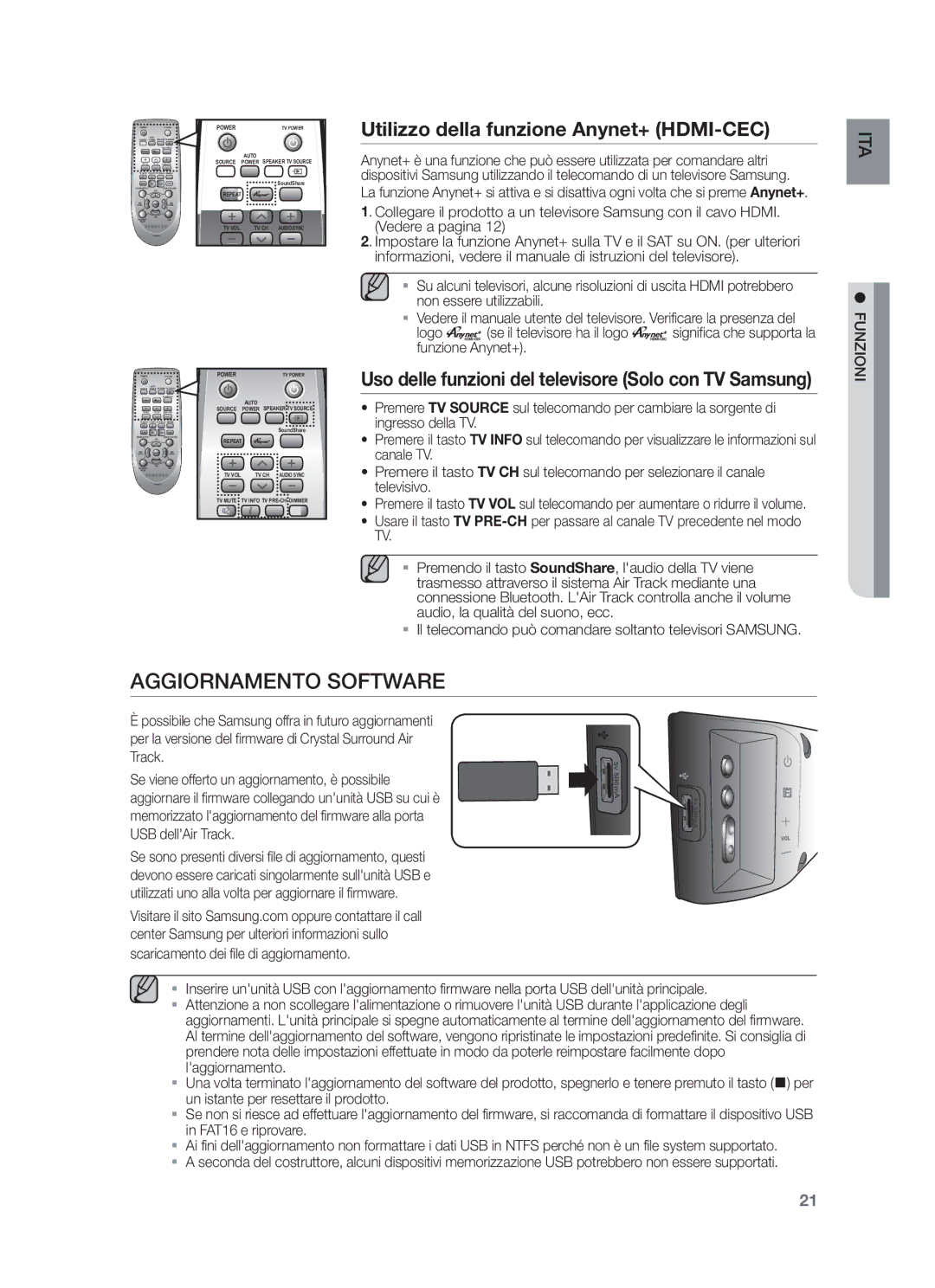 Samsung HW-F450/ZF, HW-F450/EN manual Aggiornamento Software, Utilizzo della funzione Anynet+ HDMI-CEC, USB dellAir Track 