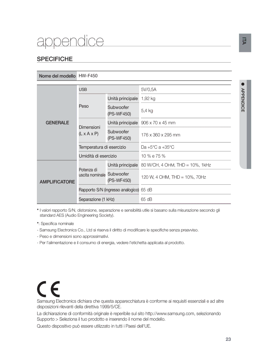 Samsung HW-F450/ZF, HW-F450/EN manual Appendice, Specifiche 