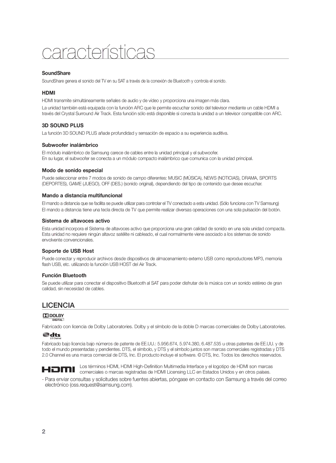 Samsung HW-F450/EN, HW-F450/ZF manual Características 