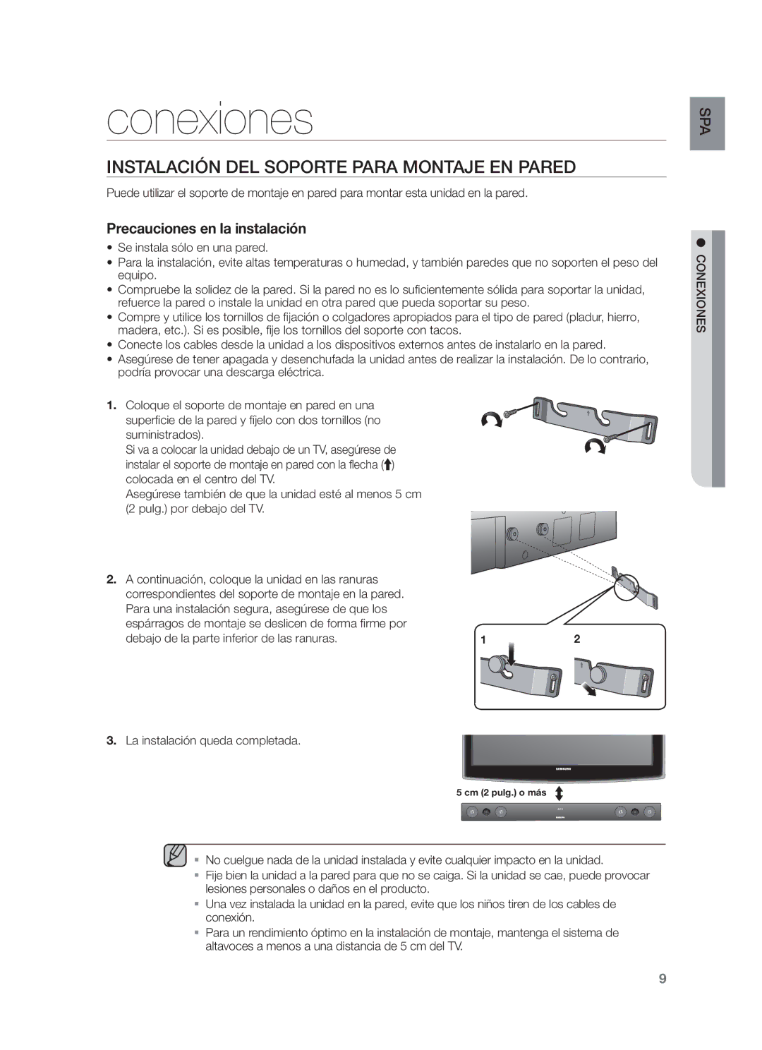 Samsung HW-F450/ZF, HW-F450/EN manual Conexiones, Instalación DEL Soporte Para Montaje EN Pared 