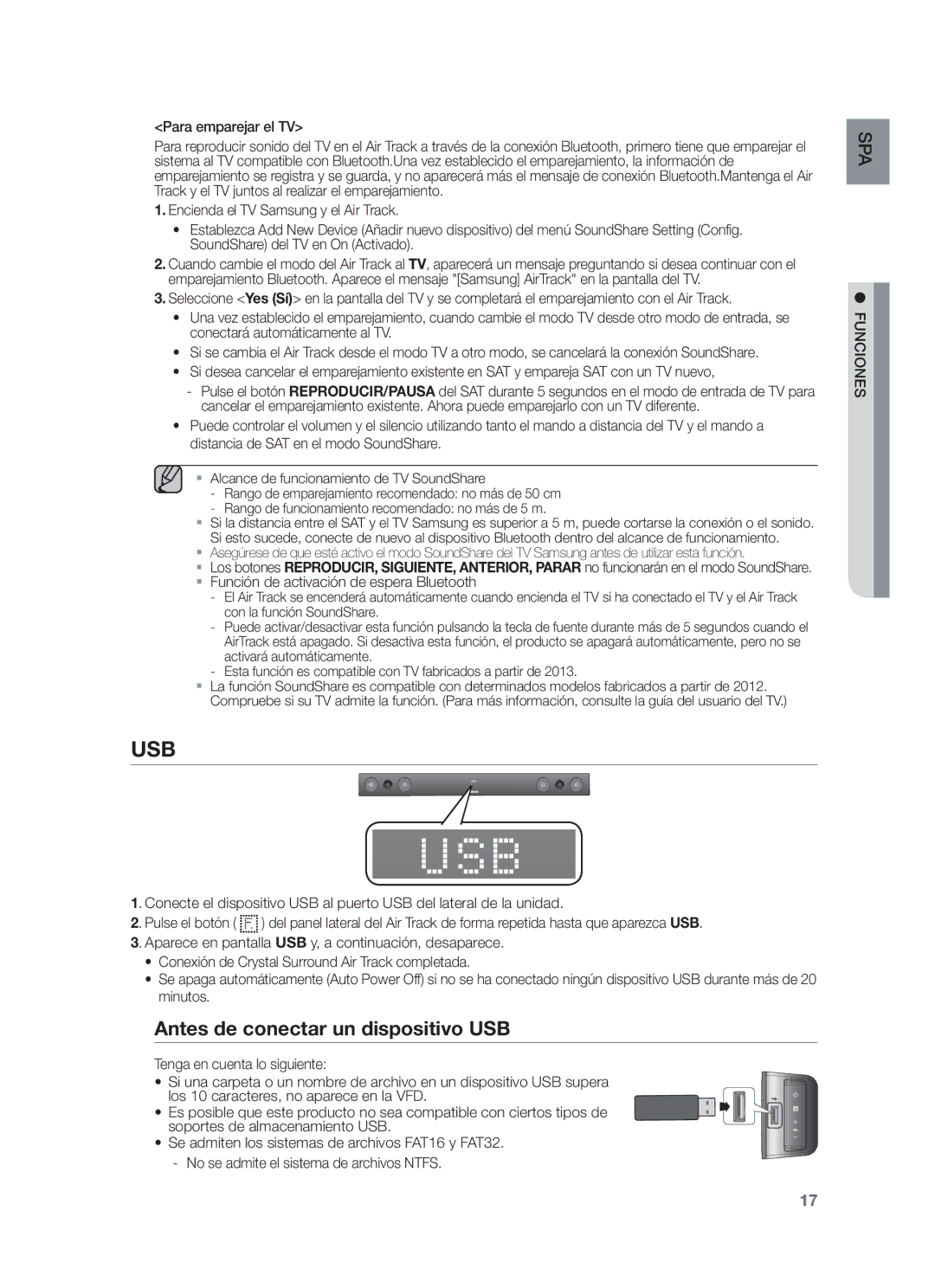 Samsung HW-F450/ZF Antes de conectar un dispositivo USB, Para emparejar el TV, Función de activación de espera Bluetooth 