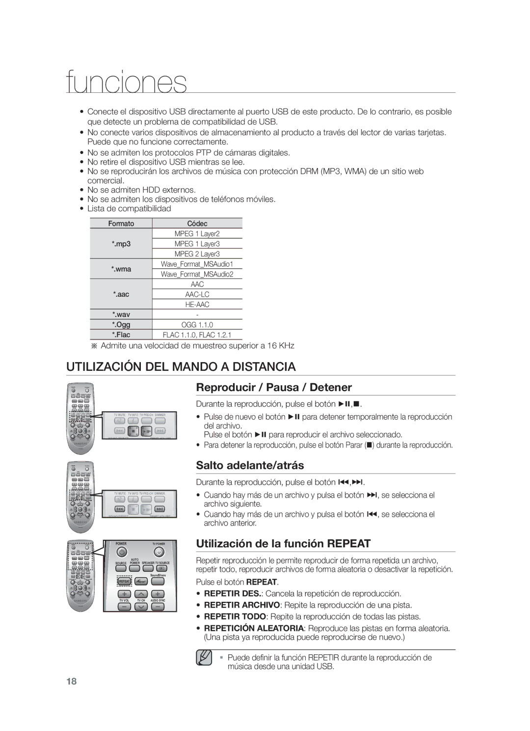 Samsung HW-F450/EN, HW-F450/ZF manual Utilización DEL Mando a Distancia, Reproducir / Pausa / Detener, Salto adelante/atrás 