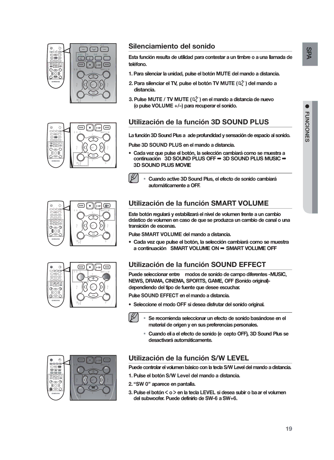 Samsung HW-F450/ZF Silenciamiento del sonido, Utilización de la función 3D Sound Plus, Utilización de la función S/W Level 