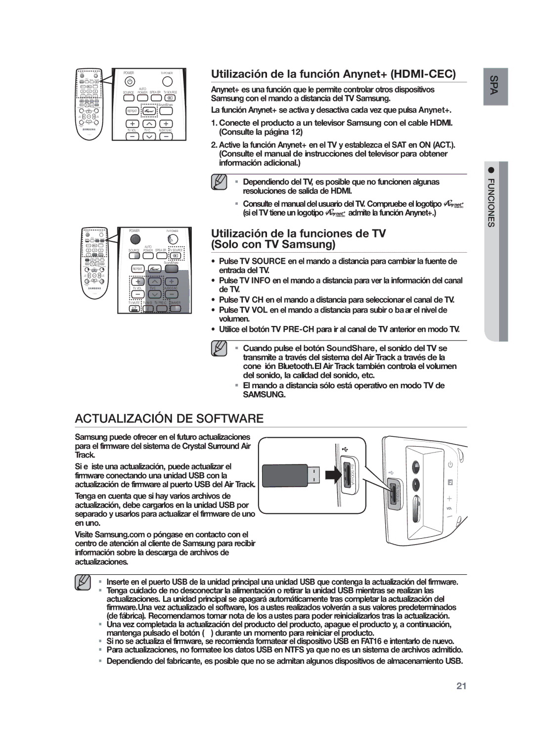 Samsung HW-F450/ZF, HW-F450/EN manual Actualización DE Software, Utilización de la función Anynet+ HDMI-CEC 