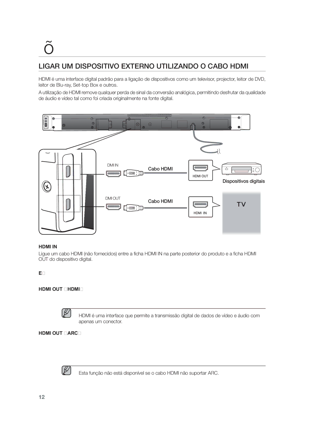 Samsung HW-F450/EN, HW-F450/ZF manual Ligar UM Dispositivo Externo Utilizando O Cabo Hdmi, Cabo Hdmi Dispositivos digitais 