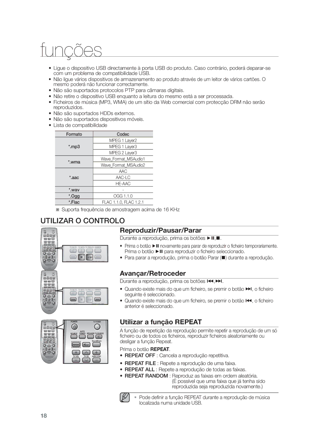 Samsung HW-F450/EN, HW-F450/ZF Utilizar O Controlo, Reproduzir/Pausar/Parar, Avançar/Retroceder, Utilizar a função Repeat 