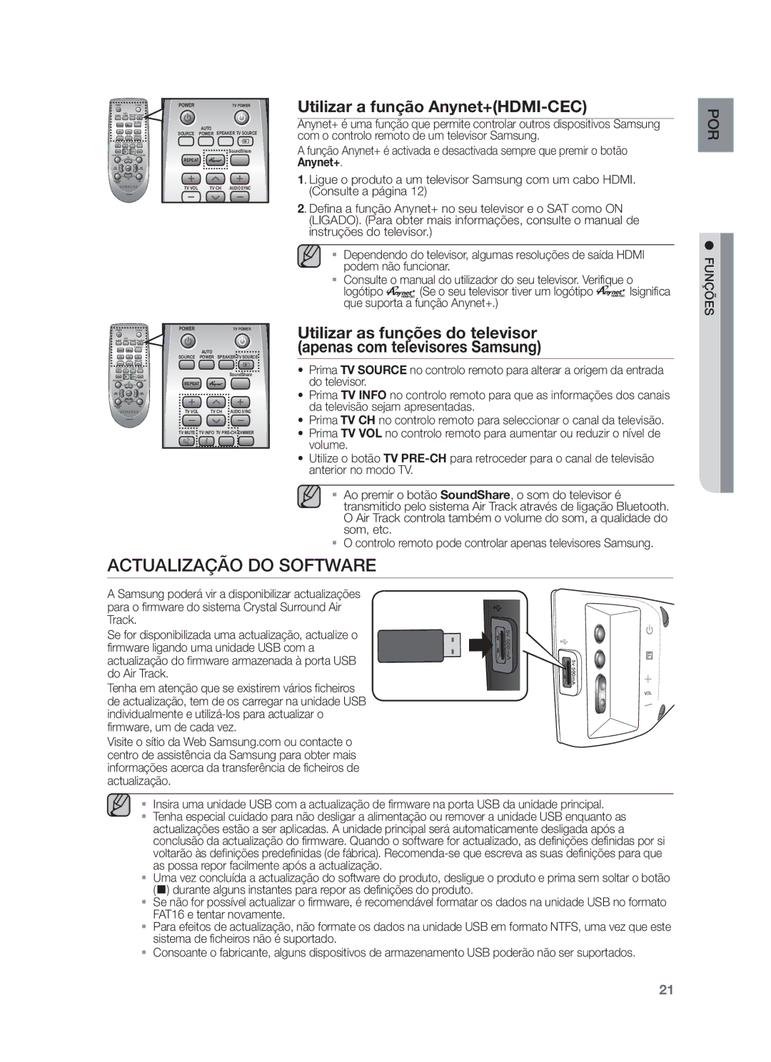 Samsung HW-F450/ZF, HW-F450/EN manual Actualização do Software, Utilizar a função Anynet+HDMI-CEC 