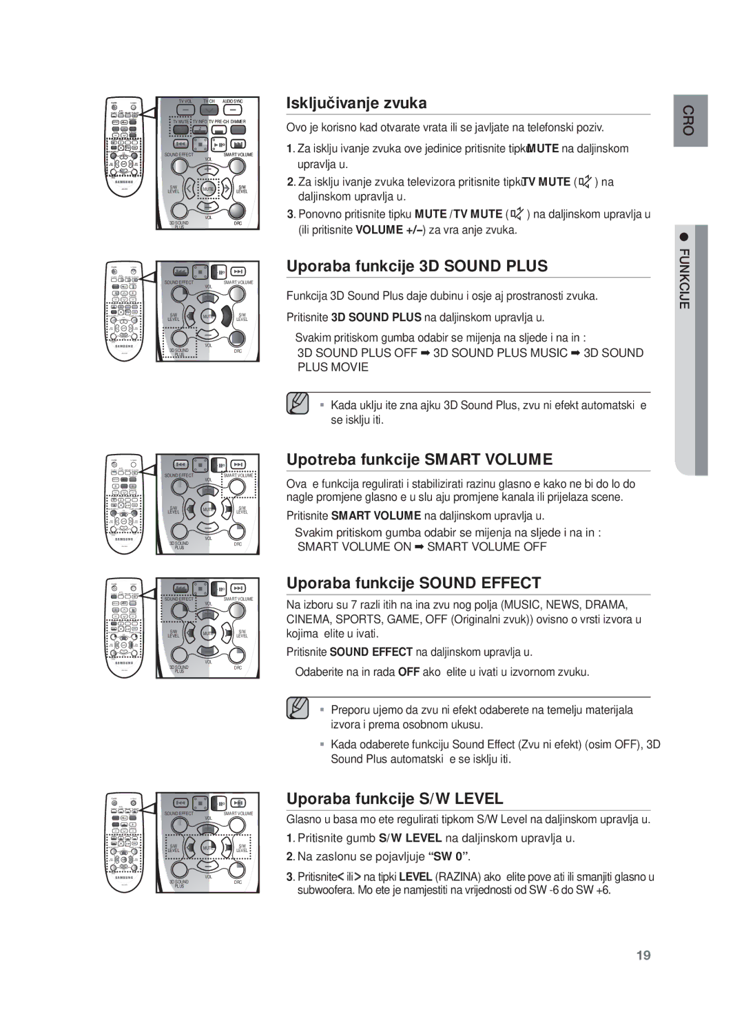 Samsung HW-F450/EN manual Uporaba funkcije 3D Sound Plus, Upotreba funkcije Smart Volume, Uporaba funkcije Sound Effect 