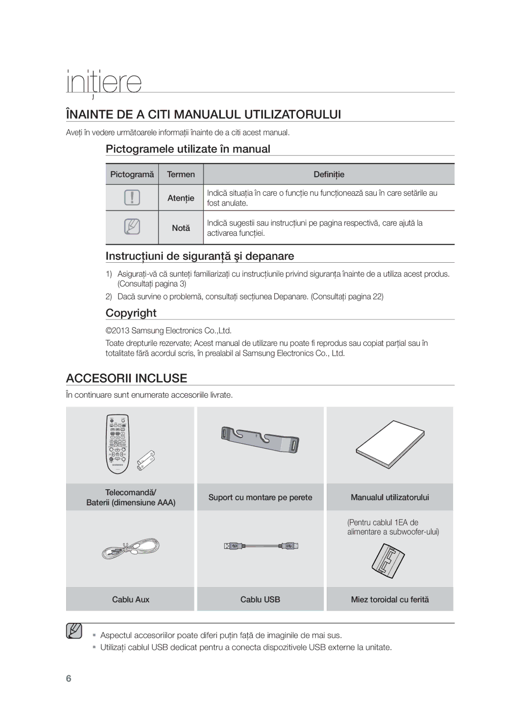 Samsung HW-F450/EN manual Iniţiere, Înainte DE a Citi Manualul Utilizatorului, Accesorii Incluse 