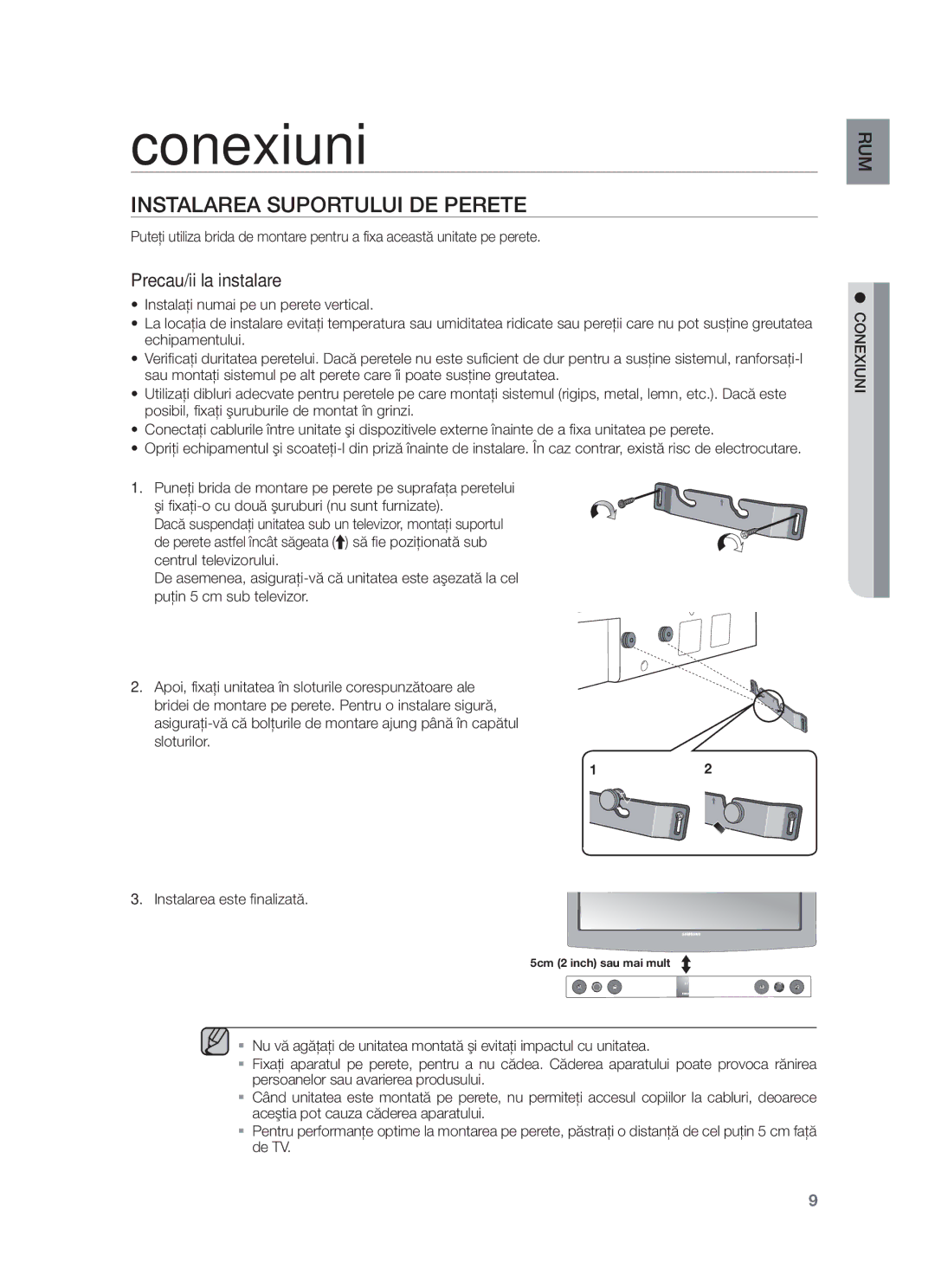 Samsung HW-F450/EN manual Conexiuni, Instalarea Suportului DE Perete 