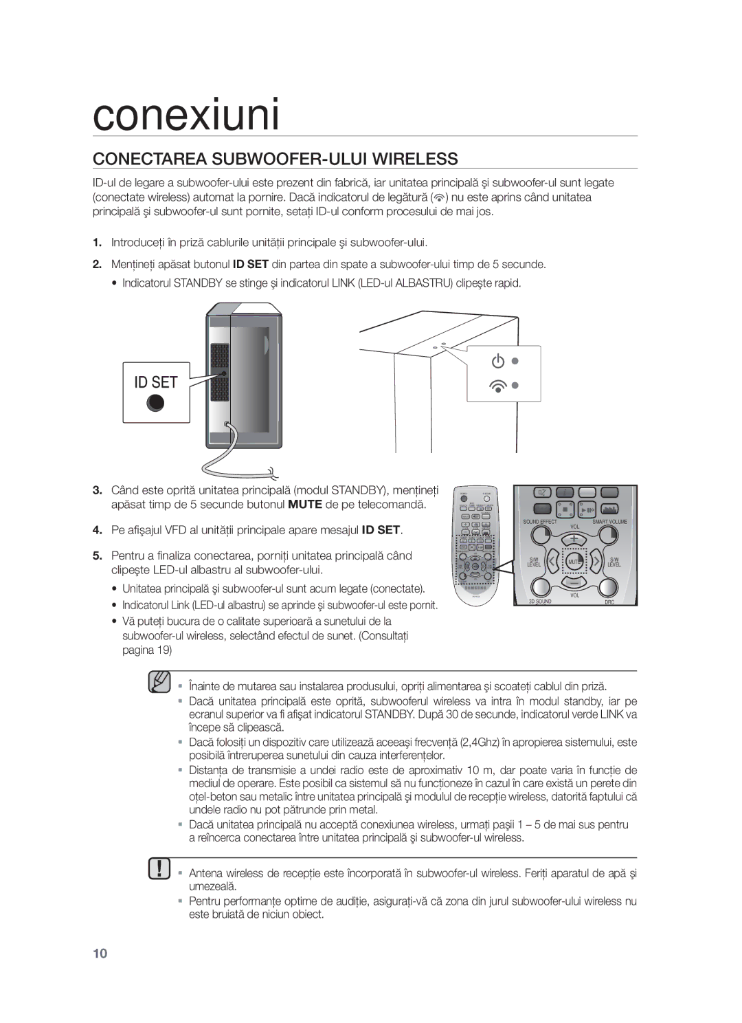 Samsung HW-F450/EN manual Conectarea SUBWOOFER-ULUI Wireless, Pe afişajul VFD al unităţii principale apare mesajul ID SET 